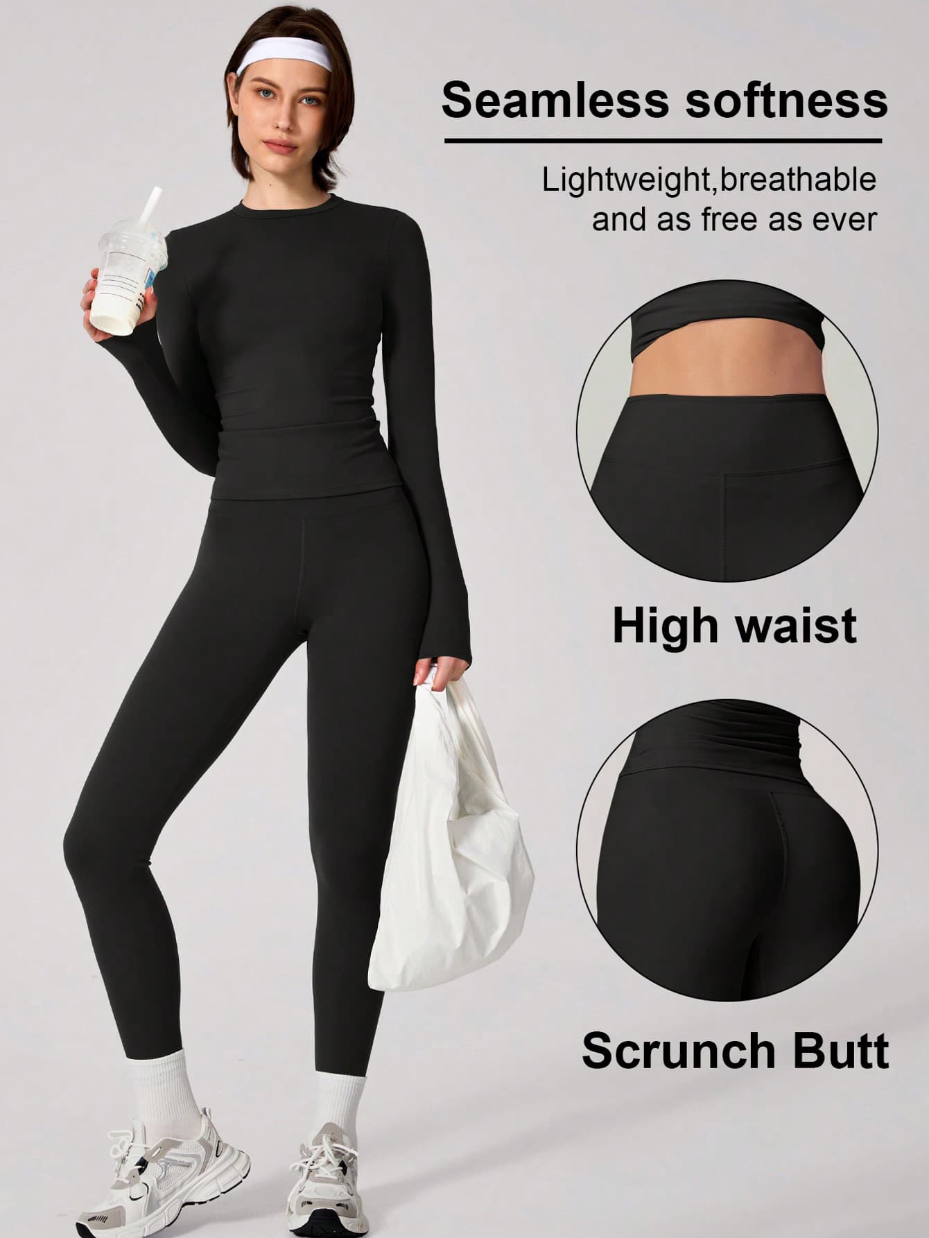Women's Simple Solid Color Sports Top And Pants Set, Suitable For Daily Yoga And Workout Black Spring