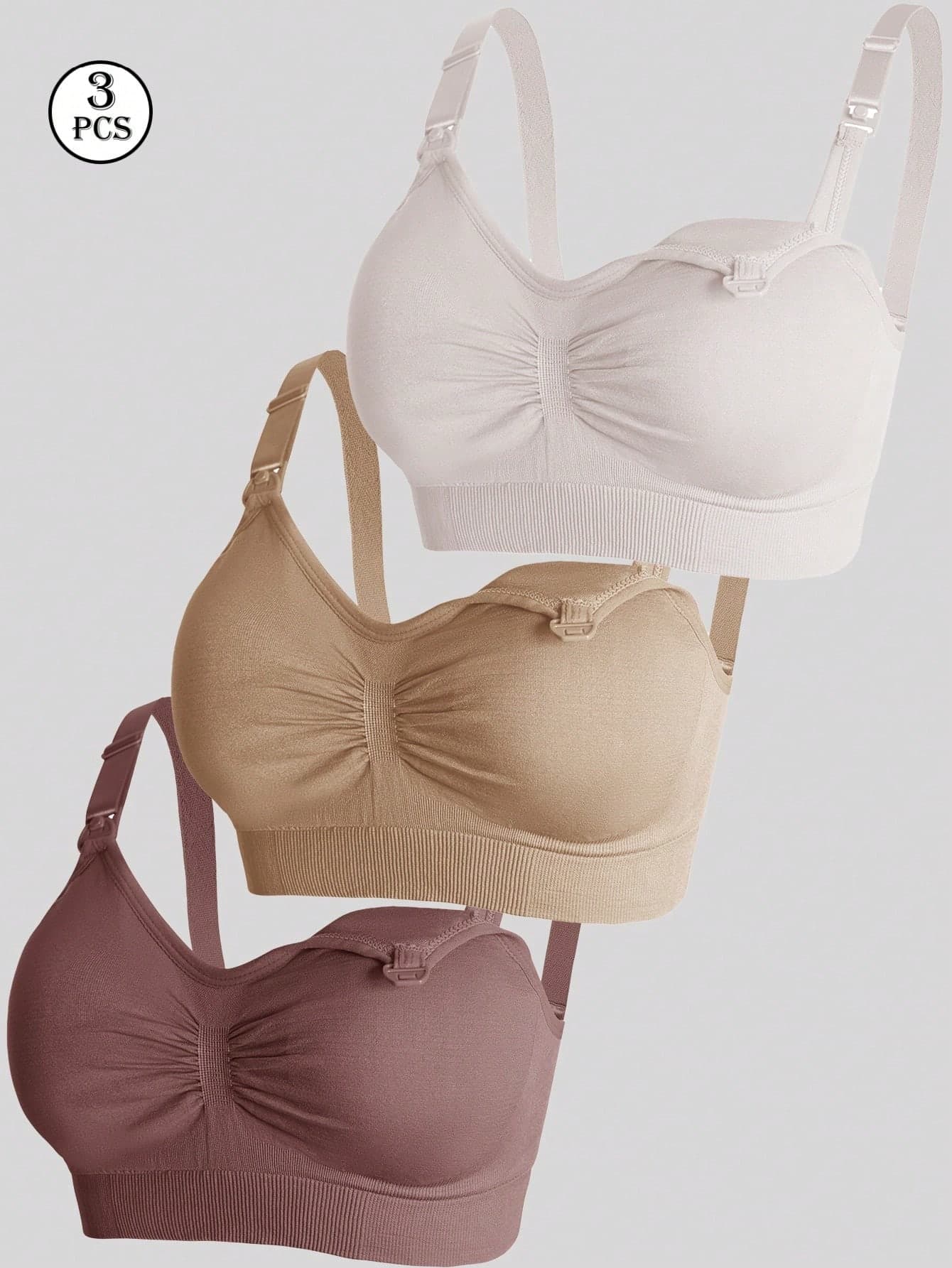 3pcs Nylon Maternity Nursing Bras, Black, Burgundy, Deep Skin Tone, Sexy Comfortable Seamless Wireless Front Closure Nursing Bras