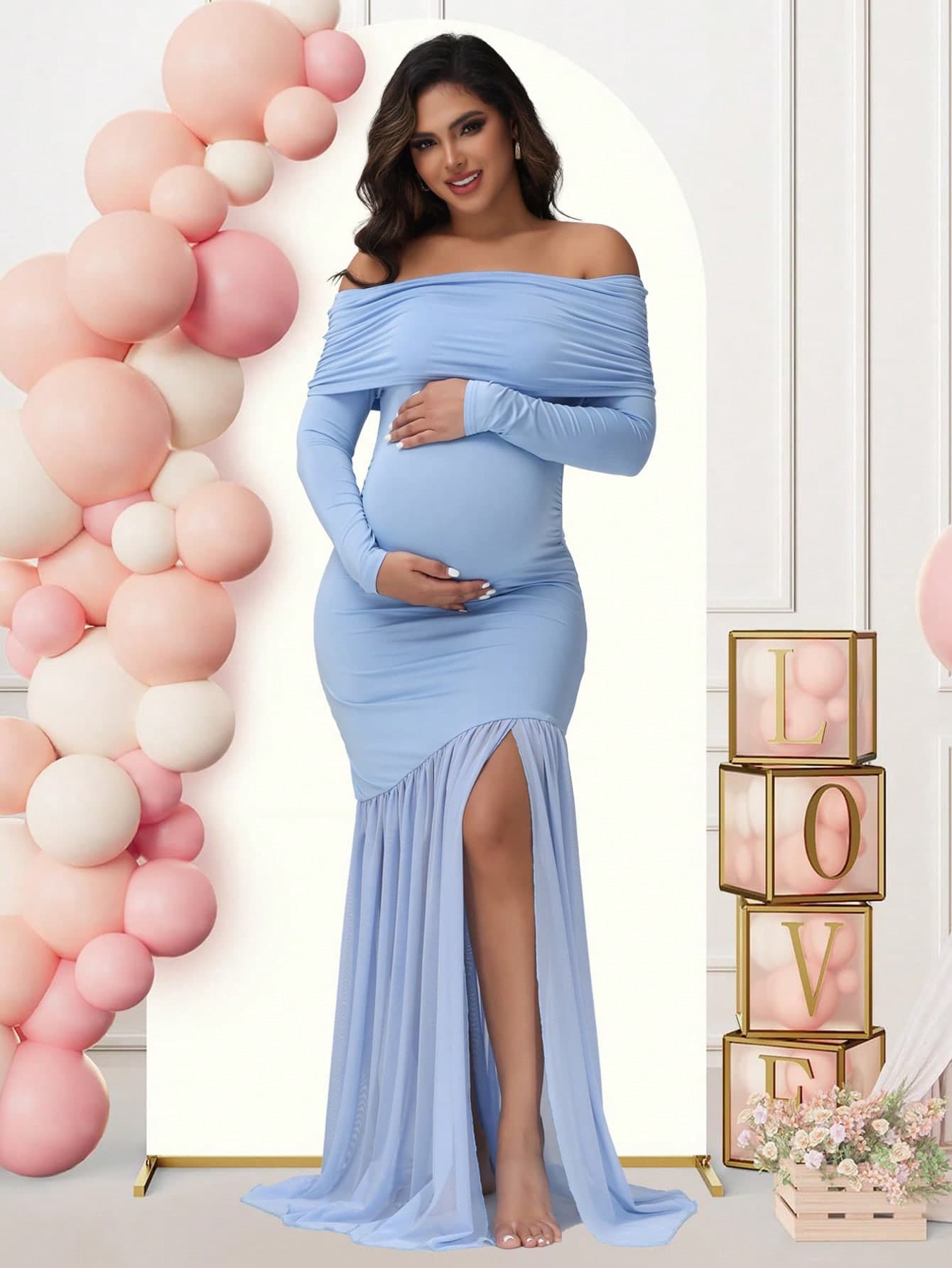 JustVH Maternity Open Shoulder Long Sleeve Dress, Solid Color Mesh Patchwork Slit Hem Gown, Suitable For Baby Shower Party Photo Shoot Spring