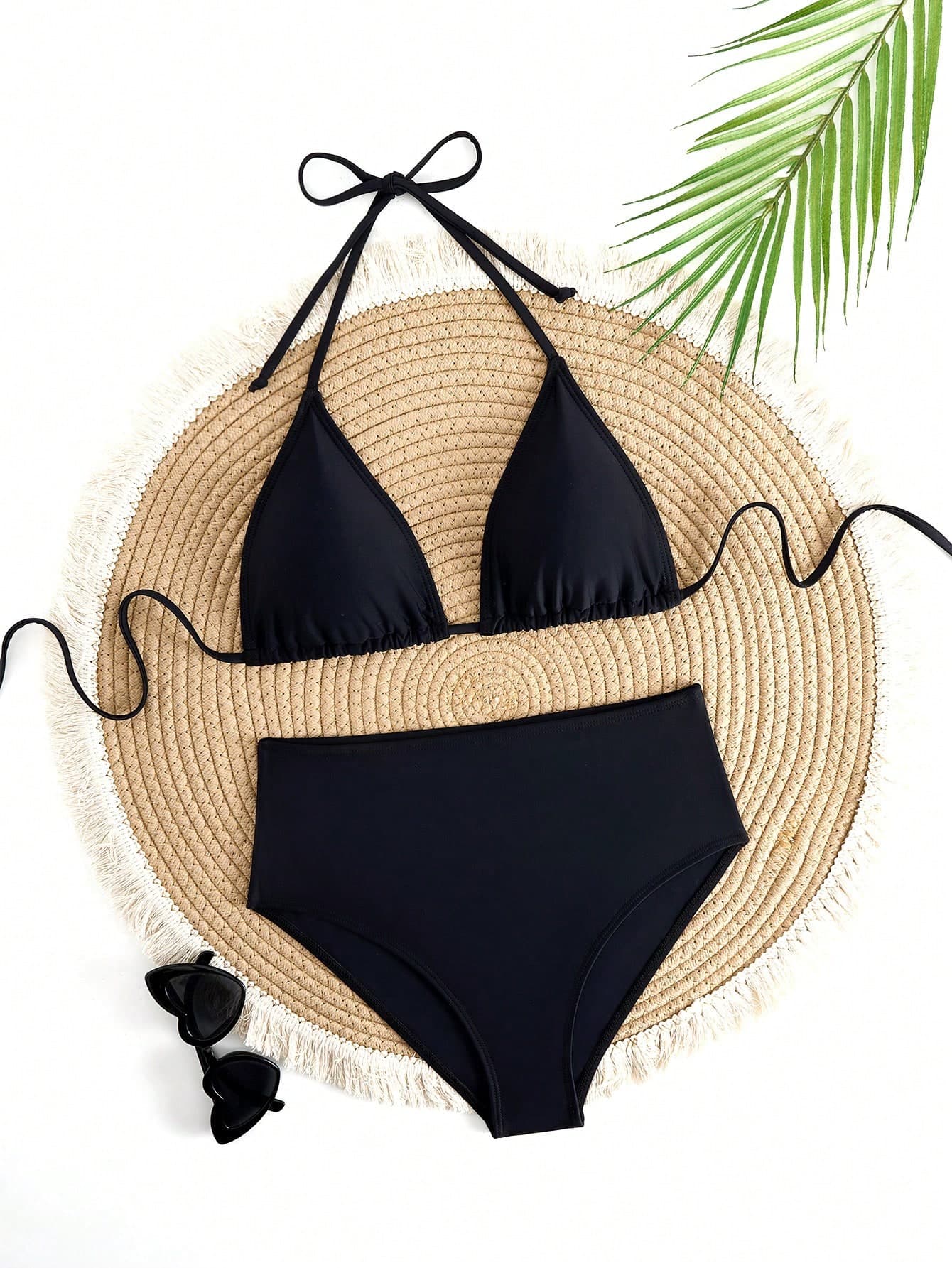 Solid Color Adjustable Strap Triangle Cup Sexy High-Waist Bikini Set, For Summer Beach Vacation Black