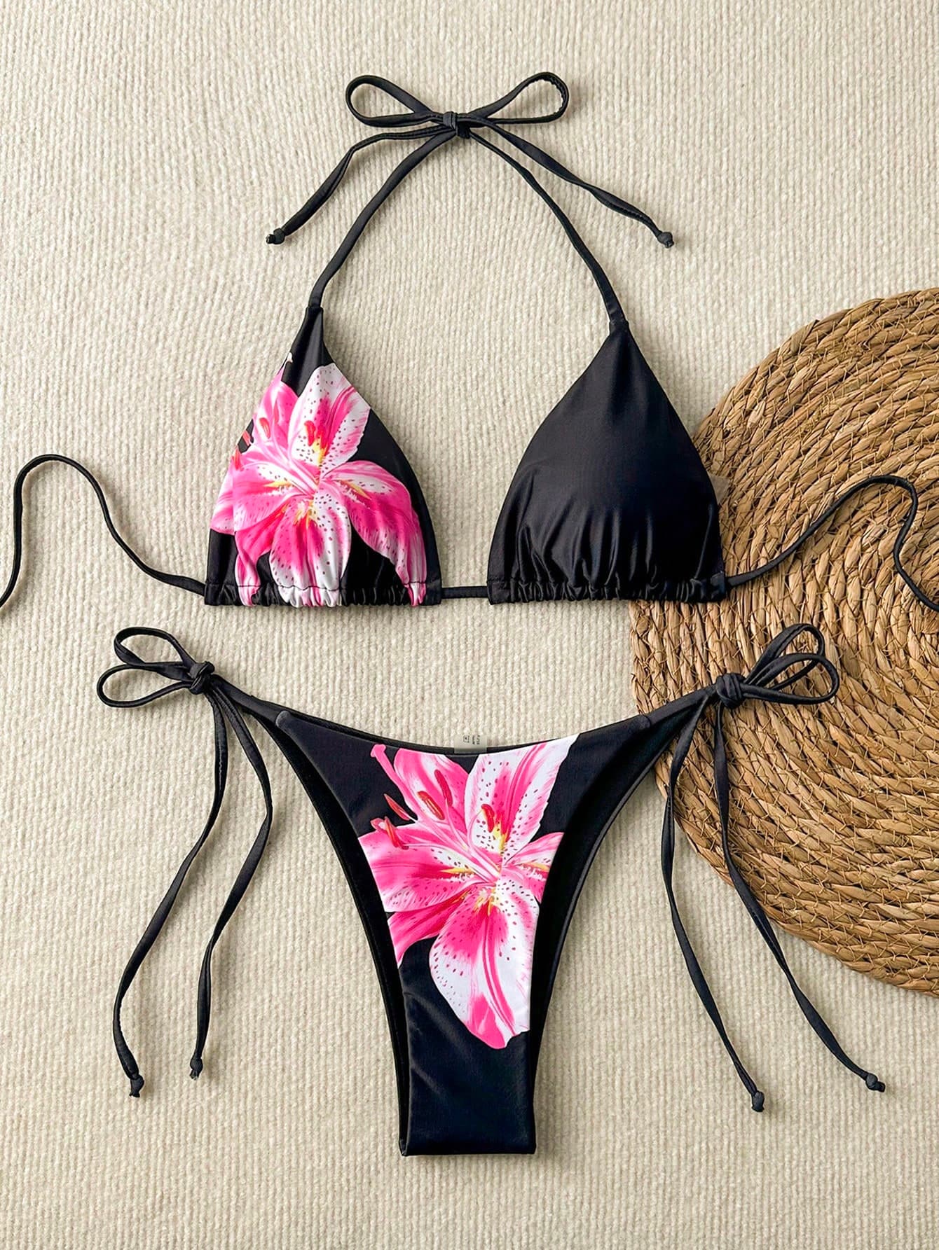 Women's Floral Print Tie-Front Bikini Set, Includes Triangle Top And Tie-Side Bottoms, Suitable For Parties, Gatherings, And Summer Vacation Outfits. Made Of Stretchy, Breathable Fabric, Elegant Swimwear, Sexy Swimsuit, Beach Resort Wear Black