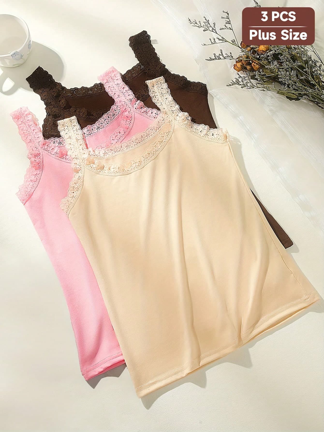 3pcs Plus Size Women Lace Trim Decor Round Neck Camisole Tank Top Vest Sleeveless Shirt