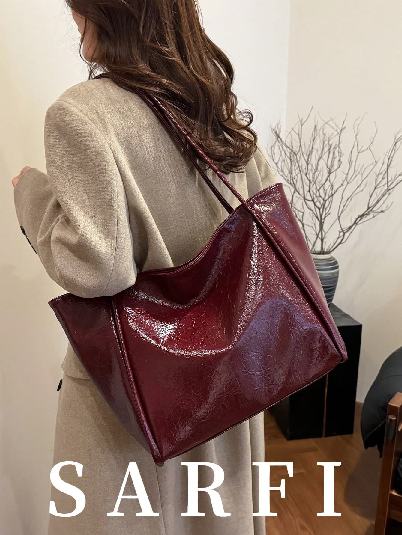 Elegant Burgundy Women's Handbag, Fashionable College/Work Commute Bag, New Autumn/Winter Burgundy Tote Bag, Soft Glossy Burgundy Casual Lightweight Tote Bag, Minimalist Solid Color Underarm Bag, Suitable For Shopping With Friends, Dates, Travel, Attractive Women's Work Bag, Fashionable Burgundy Handbag