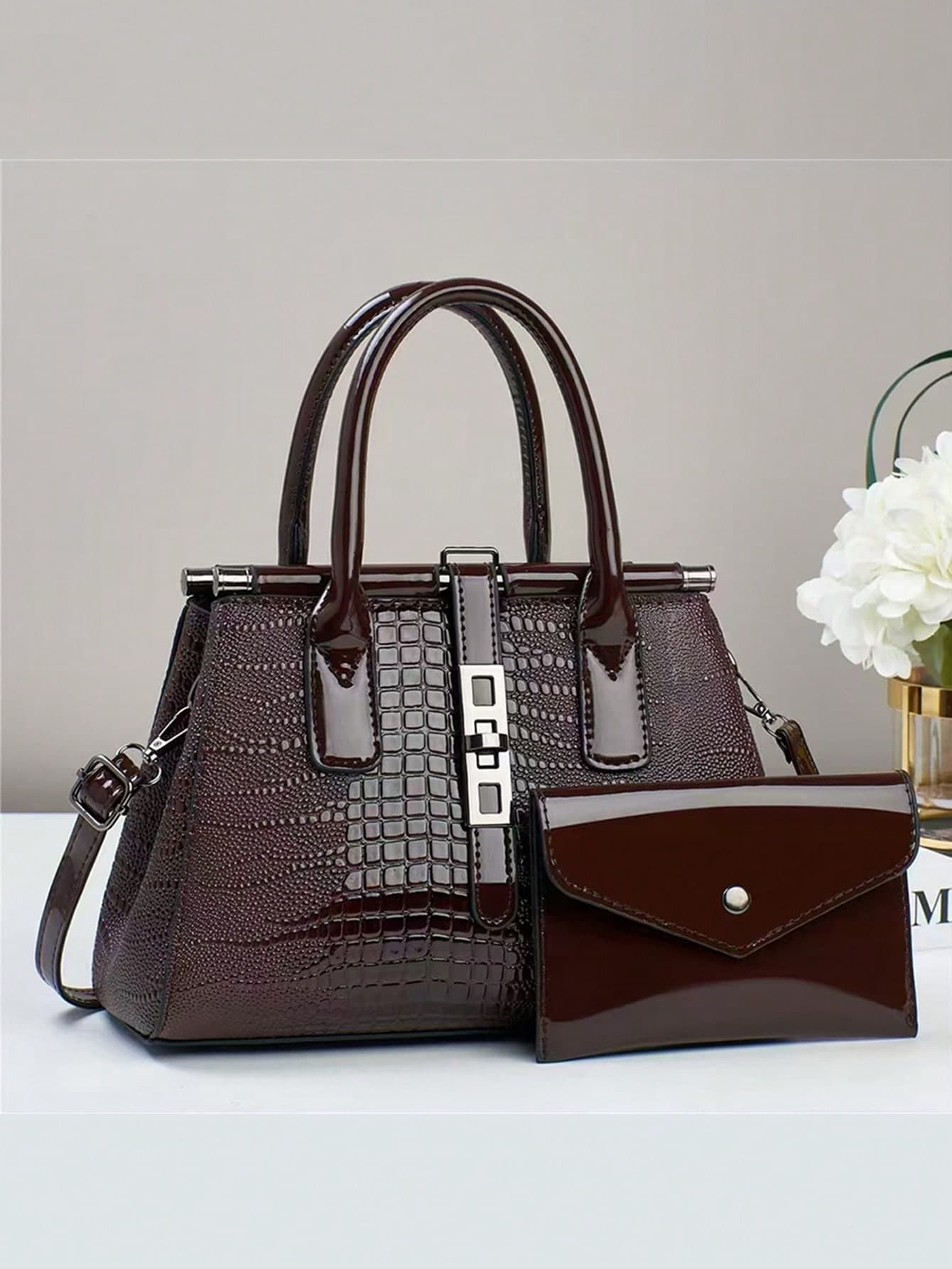 2pcs Set Elegant Fashion Crocodile Texture Handbags, Multi-Functional Large Capacity Shoulder Bag, Design, New Fashion Women's Small Square Bag Handbag Shoulder Bag Versatile Casual Large Capacity, Suitable For Outings, Travel, Shopping, Best Mother Day Gifts Ever
