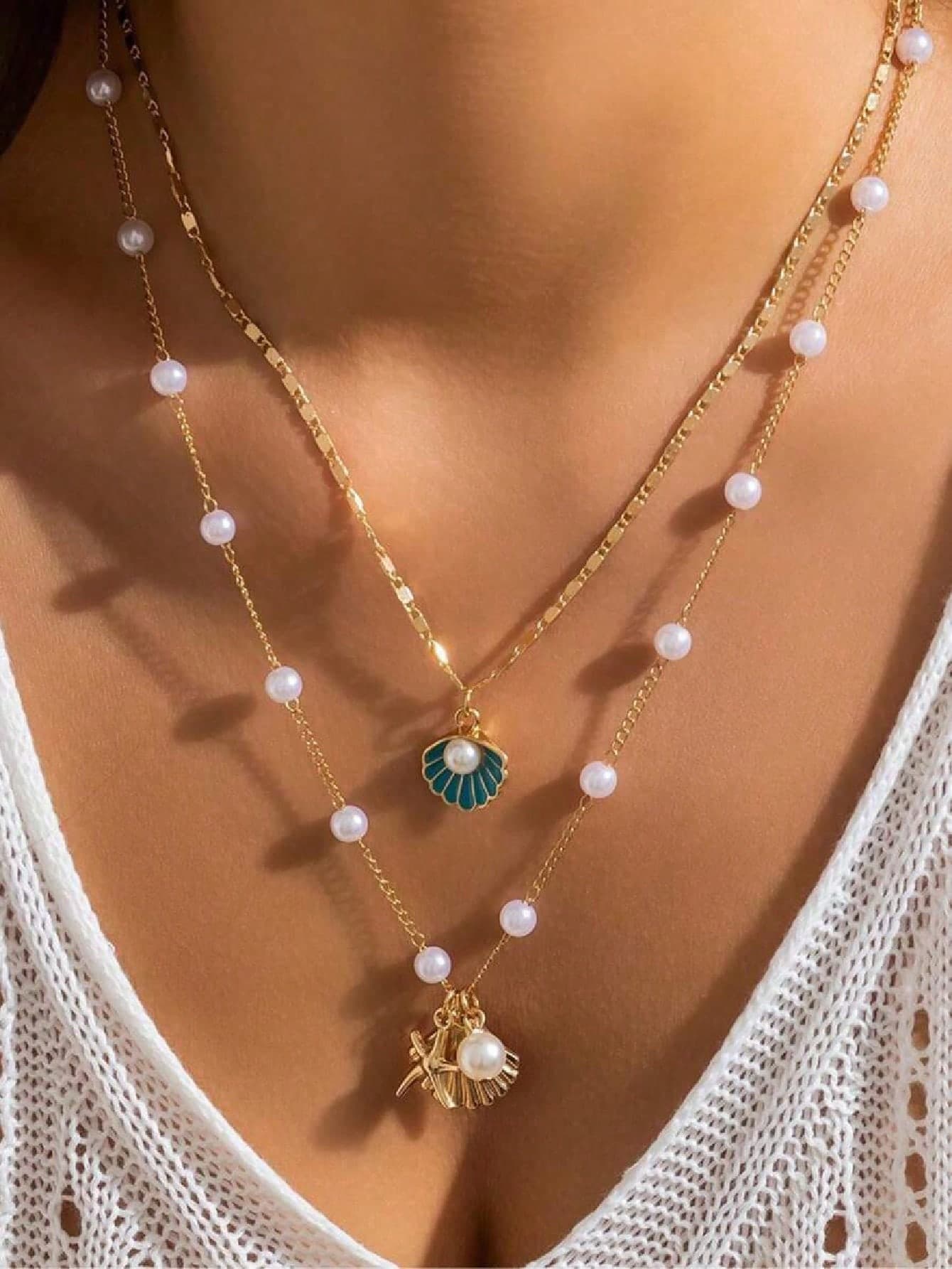 2pcs Beach Style Alloy Faux Pearl & Shell Necklace Set, Handmade Chain Can Be Cut To Desired Length, Suitable For Women Couples Daily Wear Jewelry Gift