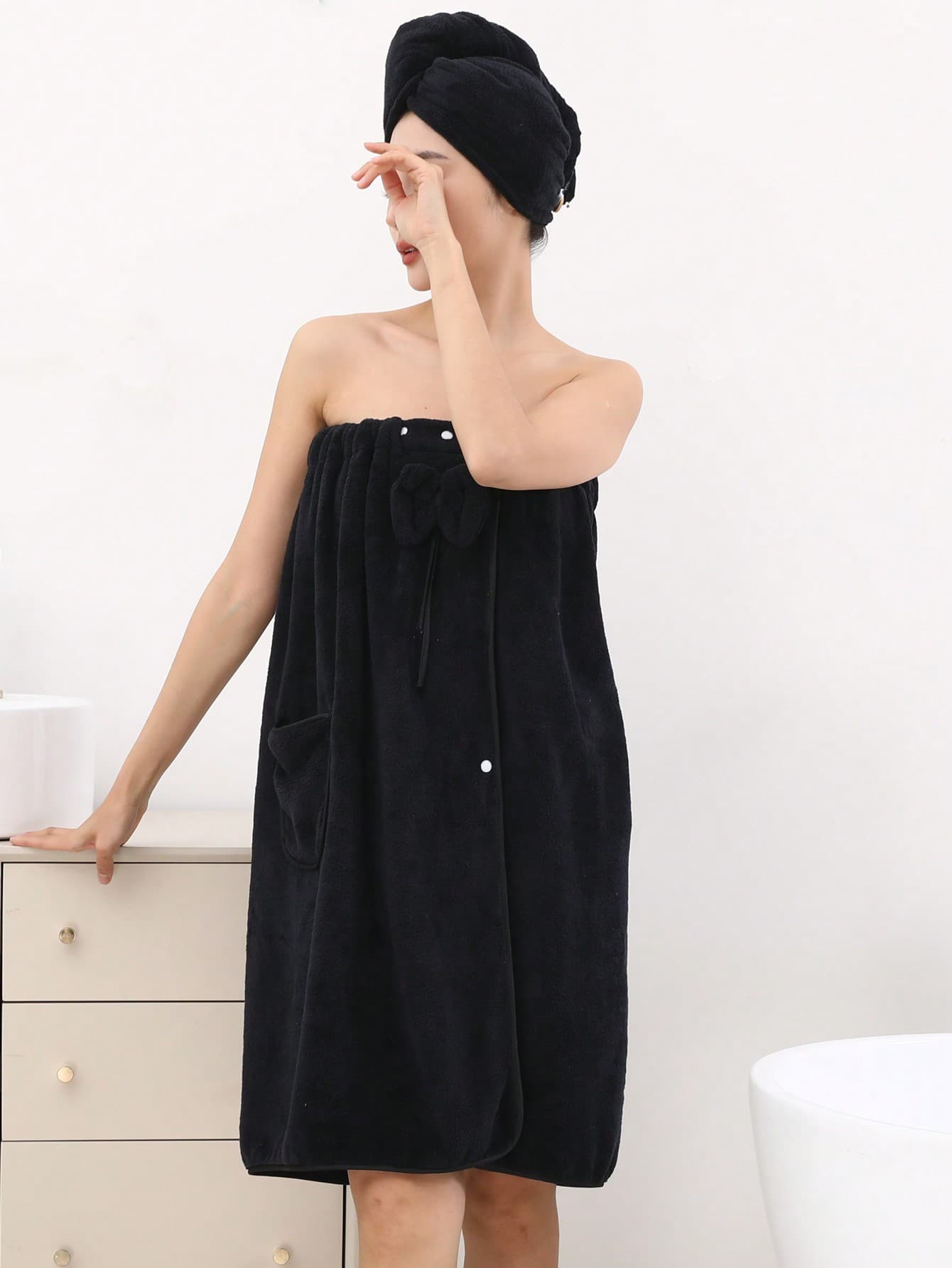 2pcs Women's Soft Comfortable Bathrobe & Shower Cap Set With Bow Decor, Black Summer Wedding Home Bathroom Decor Back To School