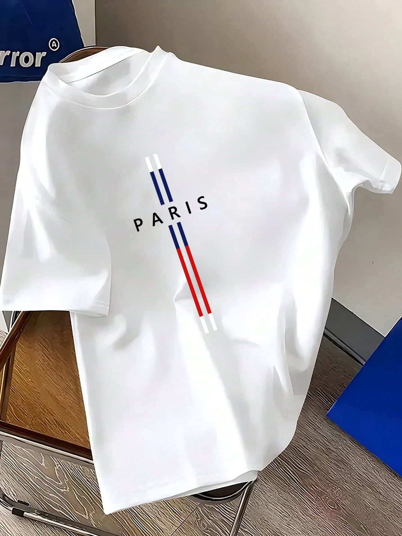 Men's Round Neck Short Sleeve Letter & Stripe Print Casual T-Shirt