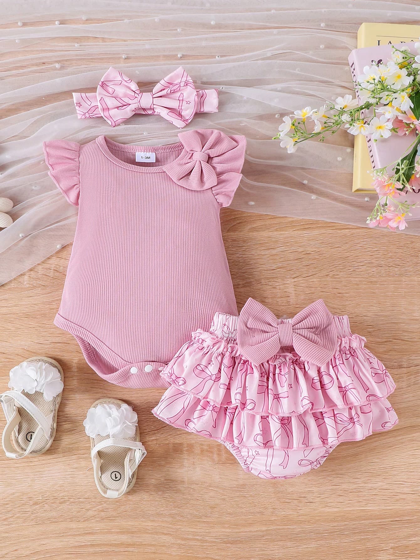 2pcs Baby Girl Cute Pink Flutter Sleeve Bodysuit With Printed Shorts And Headband Set, Thin Summer