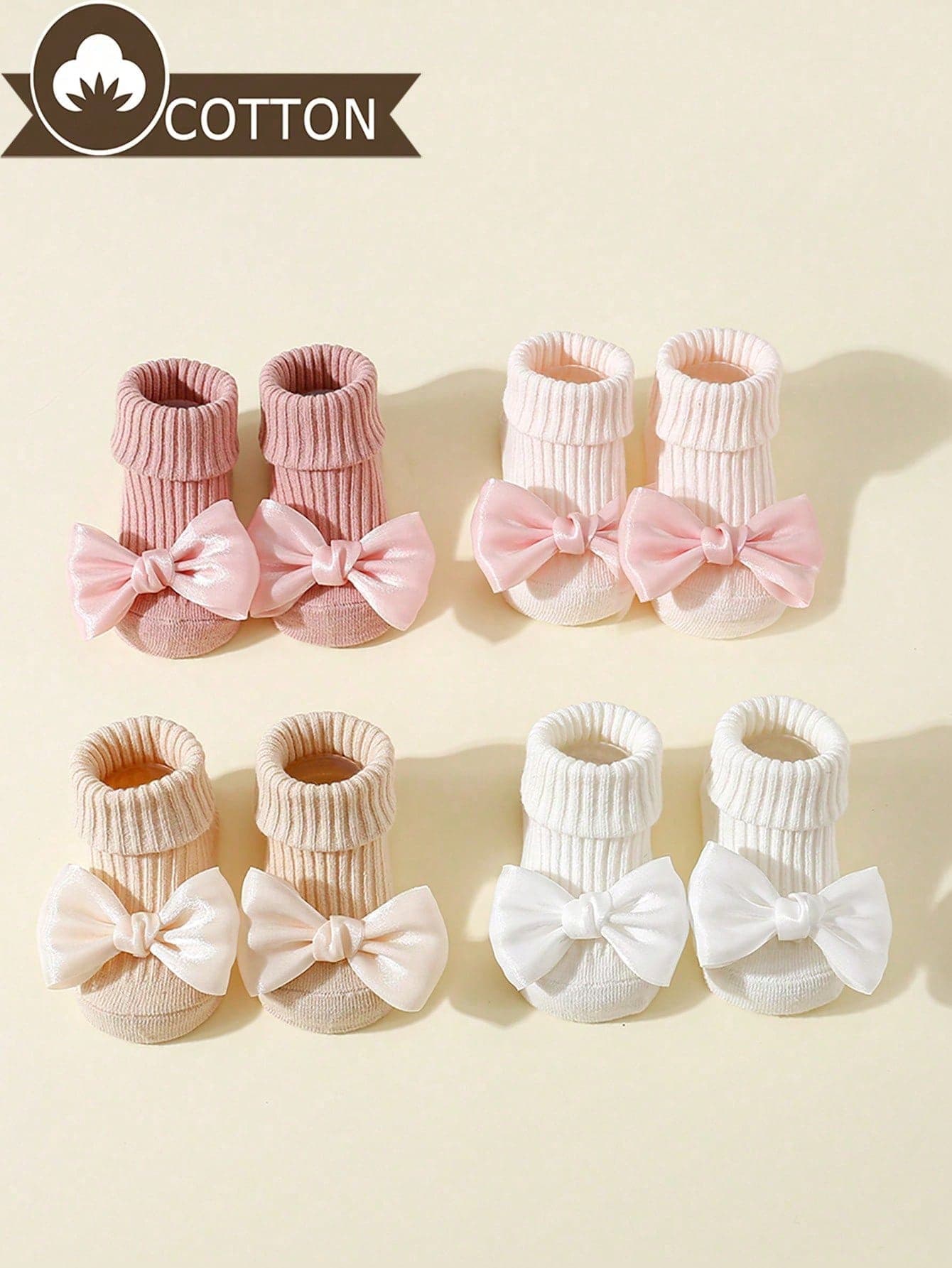 4 Pairs Baby/Toddler Girls' Cotton Bow Decor Non-Slip Crew Socks, Suitable For Indoor Floor Use When Crawling/Learning To Walk, All Season