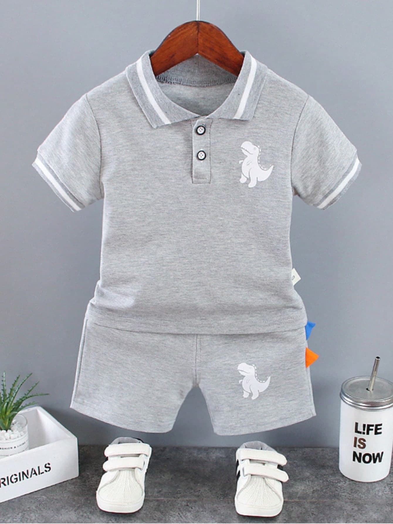 2pcs Baby Boy Summer Casual Sports Set, Short Sleeve Polo Shirt + Shorts, Gray Dinosaur Print Sportswear, Toddler Outfit