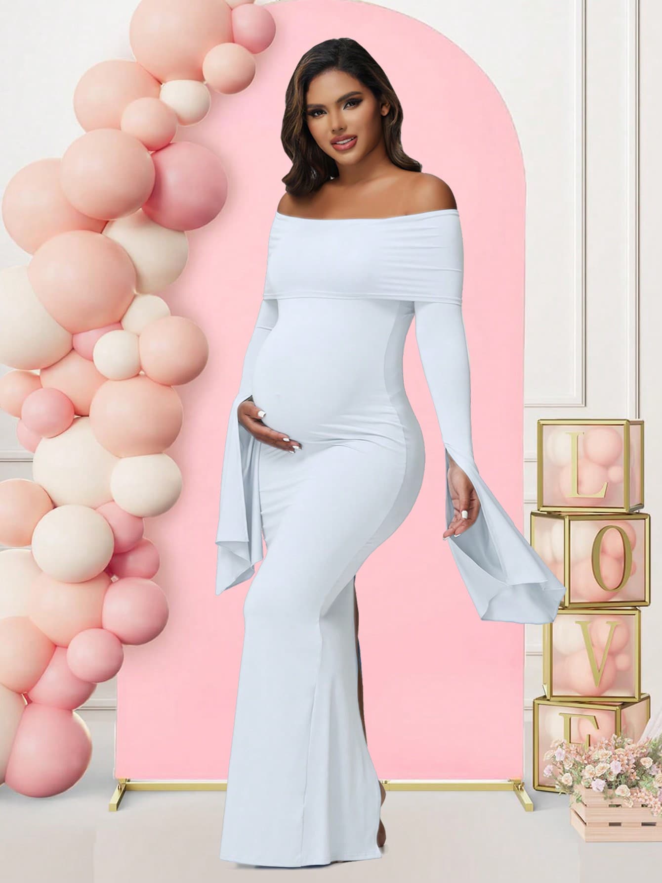 Maternity Open Shoulder Solid Color Long Sleeve Dress, Suitable For Baby Shower Photo Shoot Spring White
