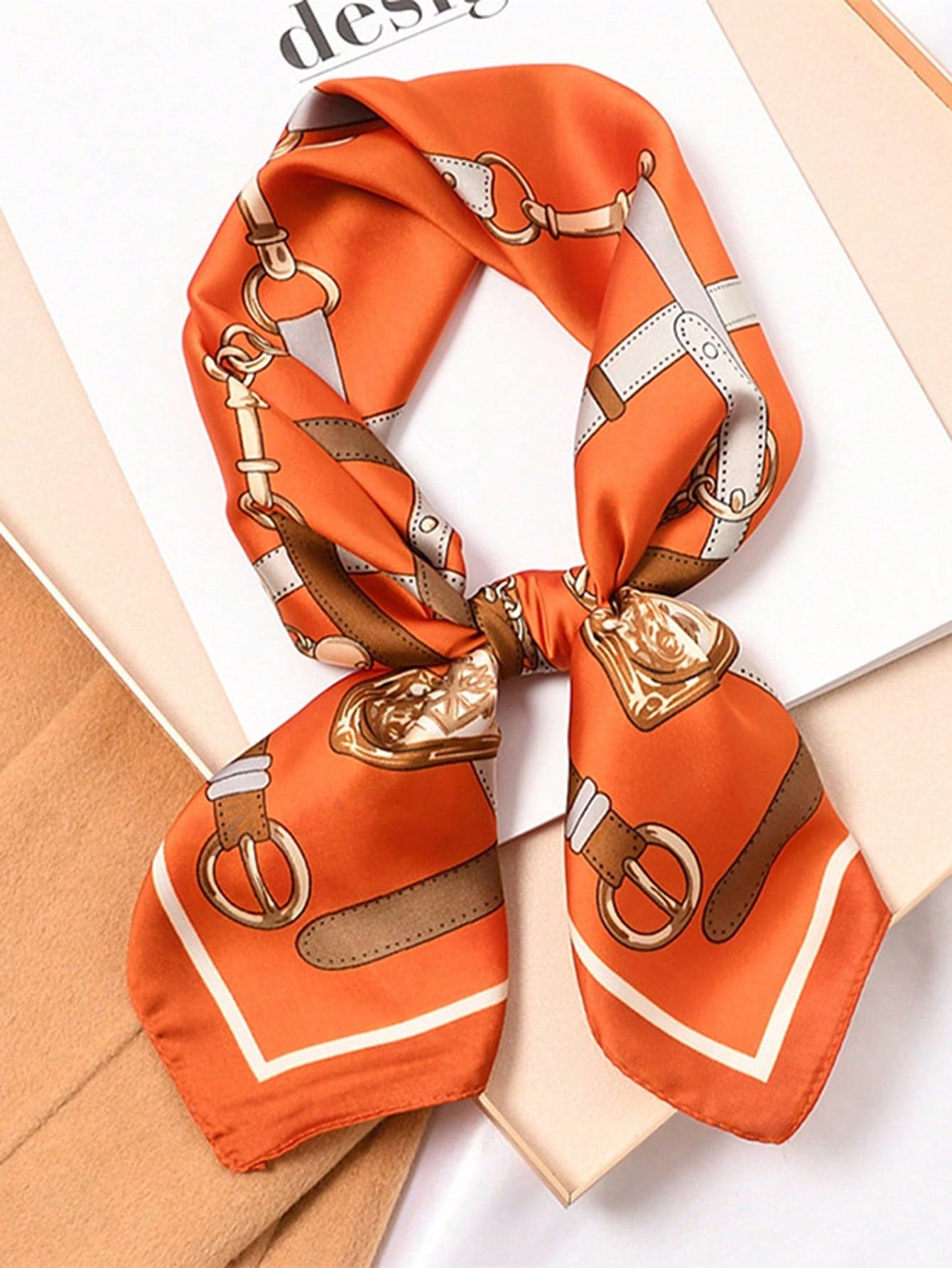 1pc Orange Faux Silk Chain Print Small Square Scarf/Bandana, New Stylish Silk-Like Print Scarf/Headband/Belt Decor For Women