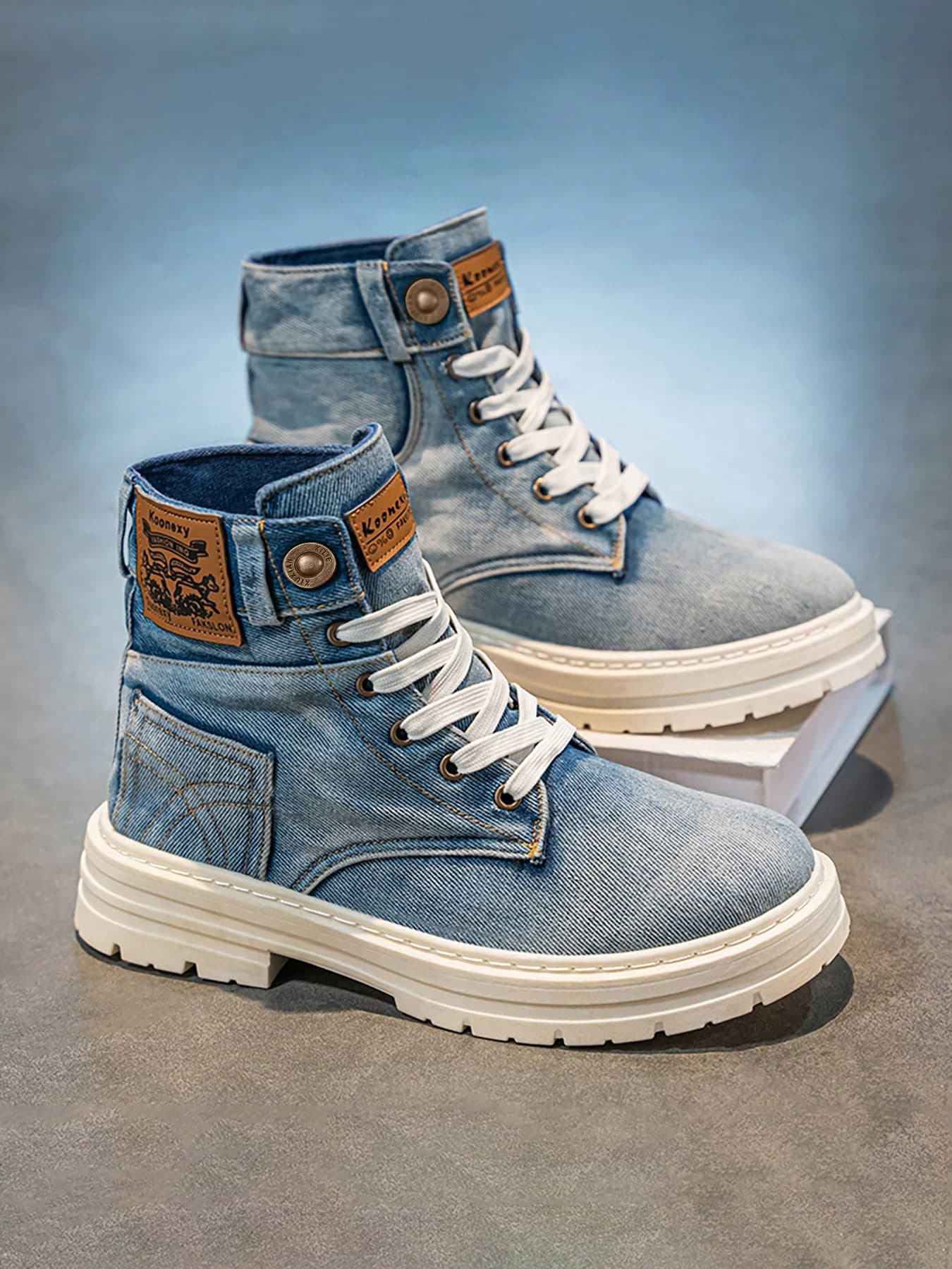 OBOVAY 1 Pair High-Top Denim Ankle Boots - Solid Color, Casual Sporty Style, Suitable For All Seasons, Lace-Up, Fabric Upper, PVC Sole, Round Toe, Unisex