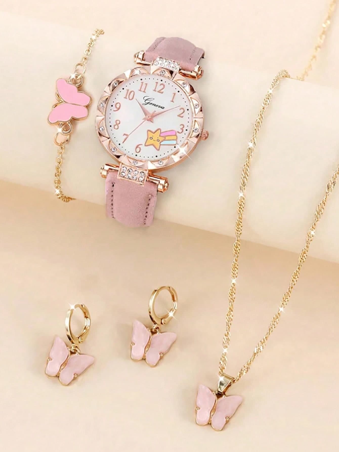 5pcs Pink Star Design Children Quartz Watch With Butterfly Necklace, Bracelet And Earrings Set, Best Gift Choice