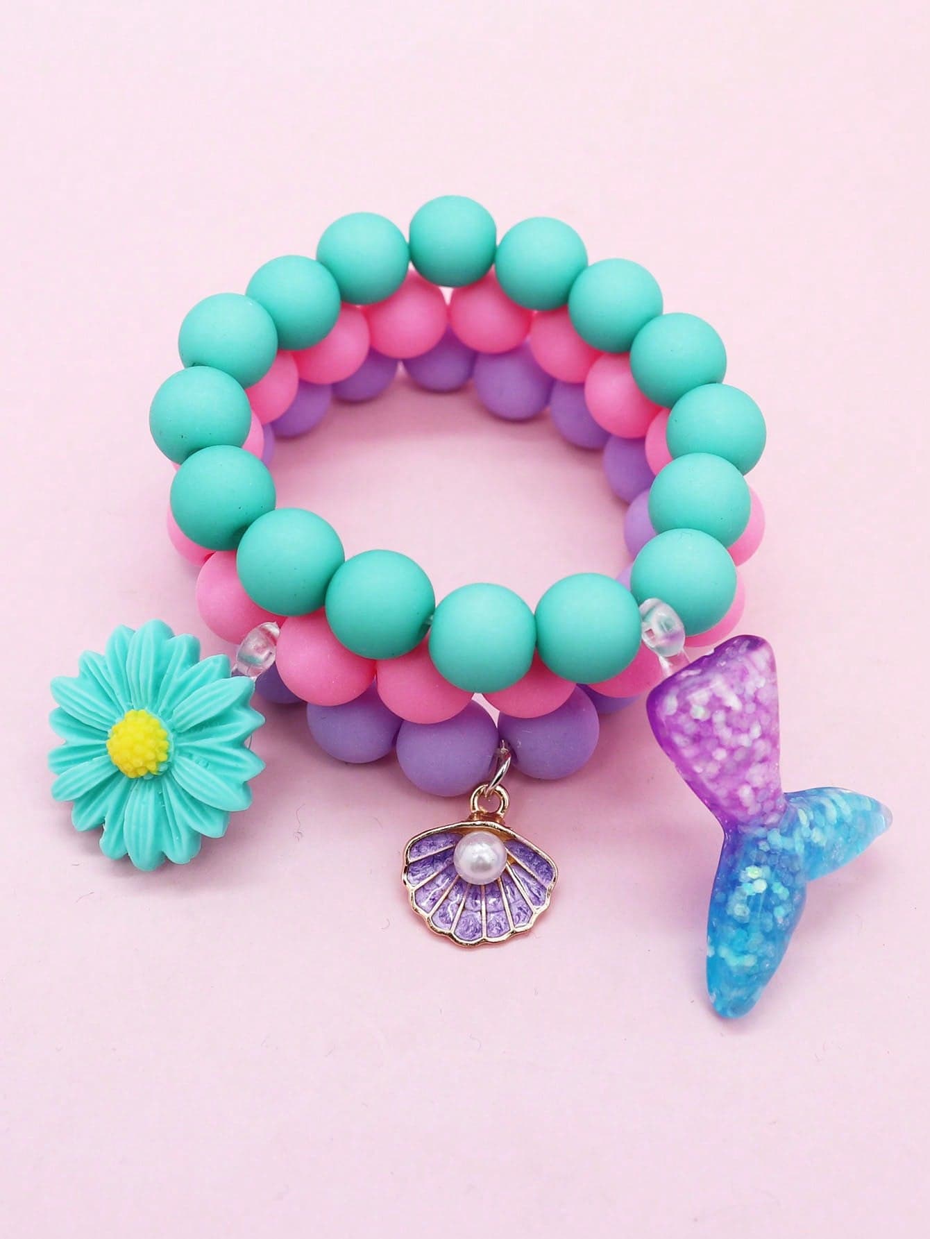 3pcs Girls Cute Cartoon Colorful Beaded Bracelets With Mermaids Shells Flower Pendant Decorative Accessories Girl Party Holiday Birthday Thanksgiving New Year's Day Valentine's Day Homecoming Day Carnival St. Patrick's Day Easter Festival Labor Day GiftGift