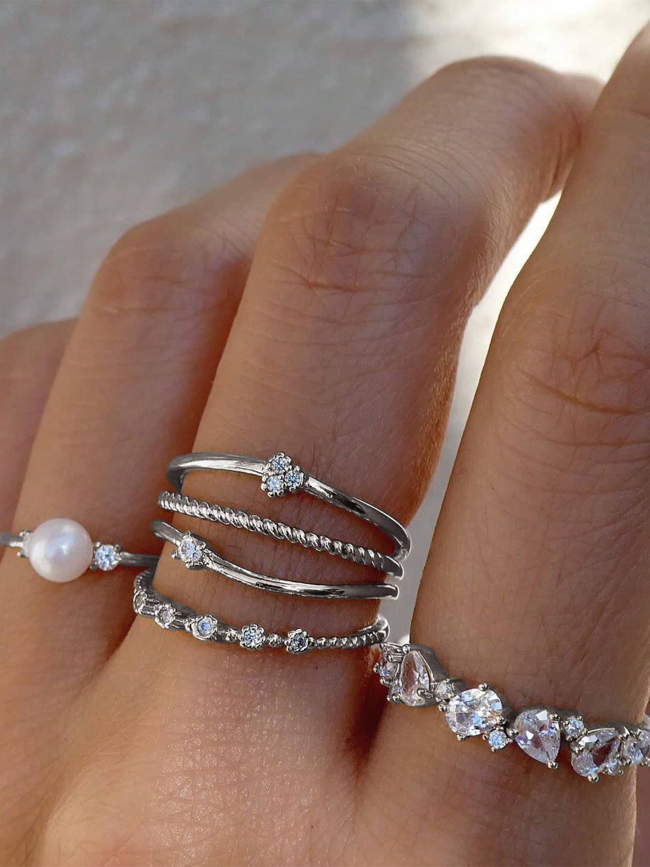 6pcs/Set Fashionable Elegant Teardrop Pearl Ring Set