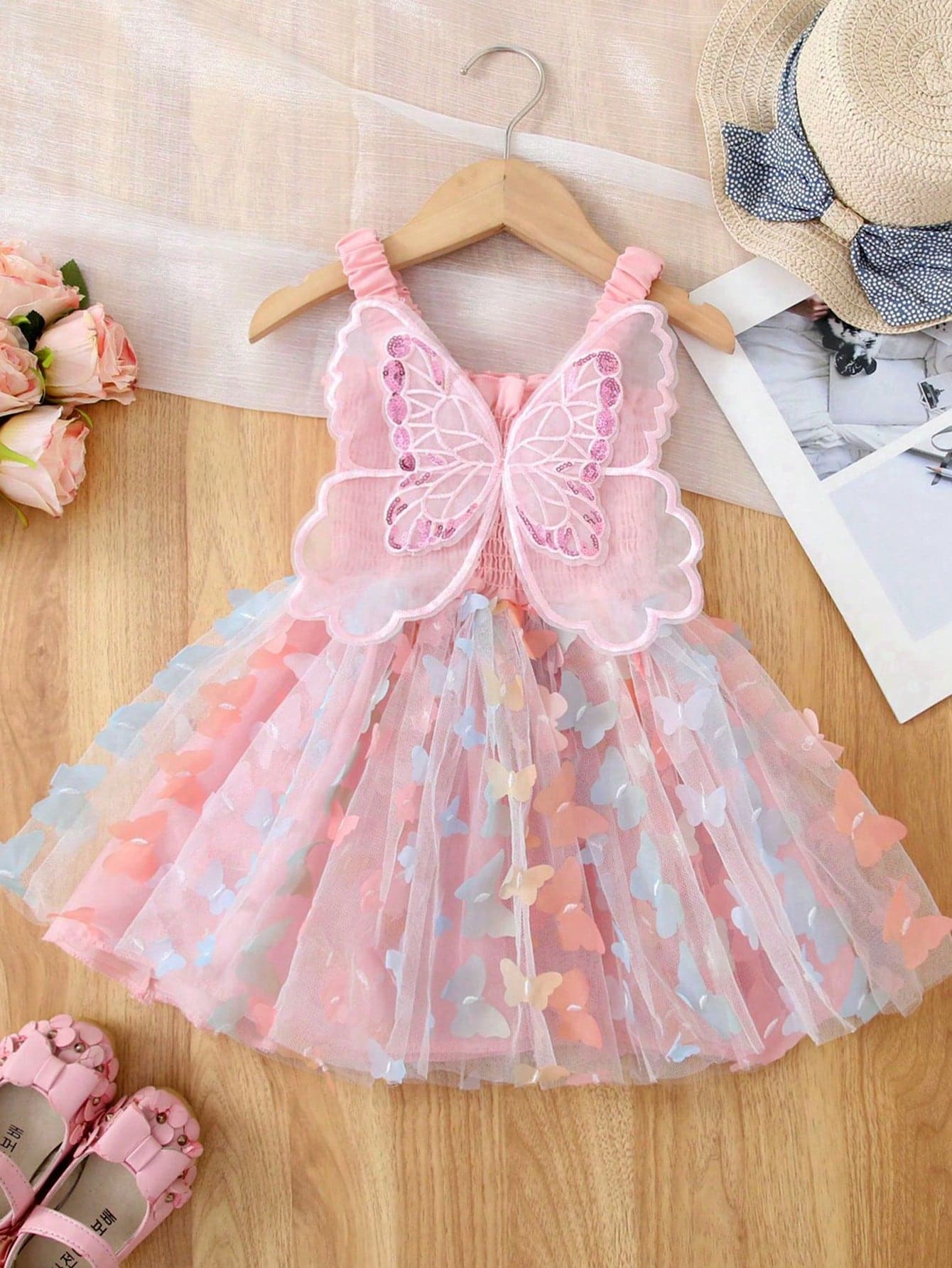 1pc Cute & Elegant Princess Butterfly Embroidered Mesh Tulle Decor Colorful Puff Strap Dress, Suitable For Baby Girls, Birthday Party, Beach Holiday, All Seasons