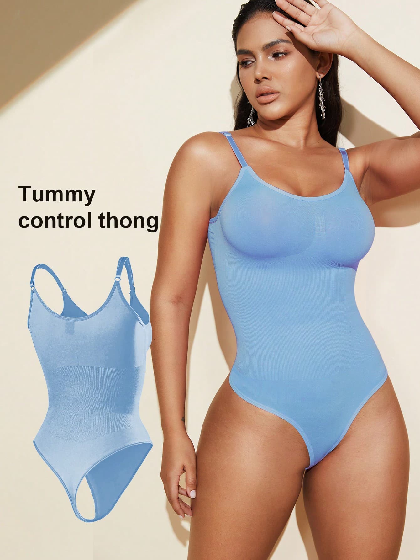 1pc Women's Seamless Shapewear Bodysuit, Thong Bottom, Body Shaping, Tummy Control, Slimming Tight Fit Bodysuit, Waist Trainer, Light Blue