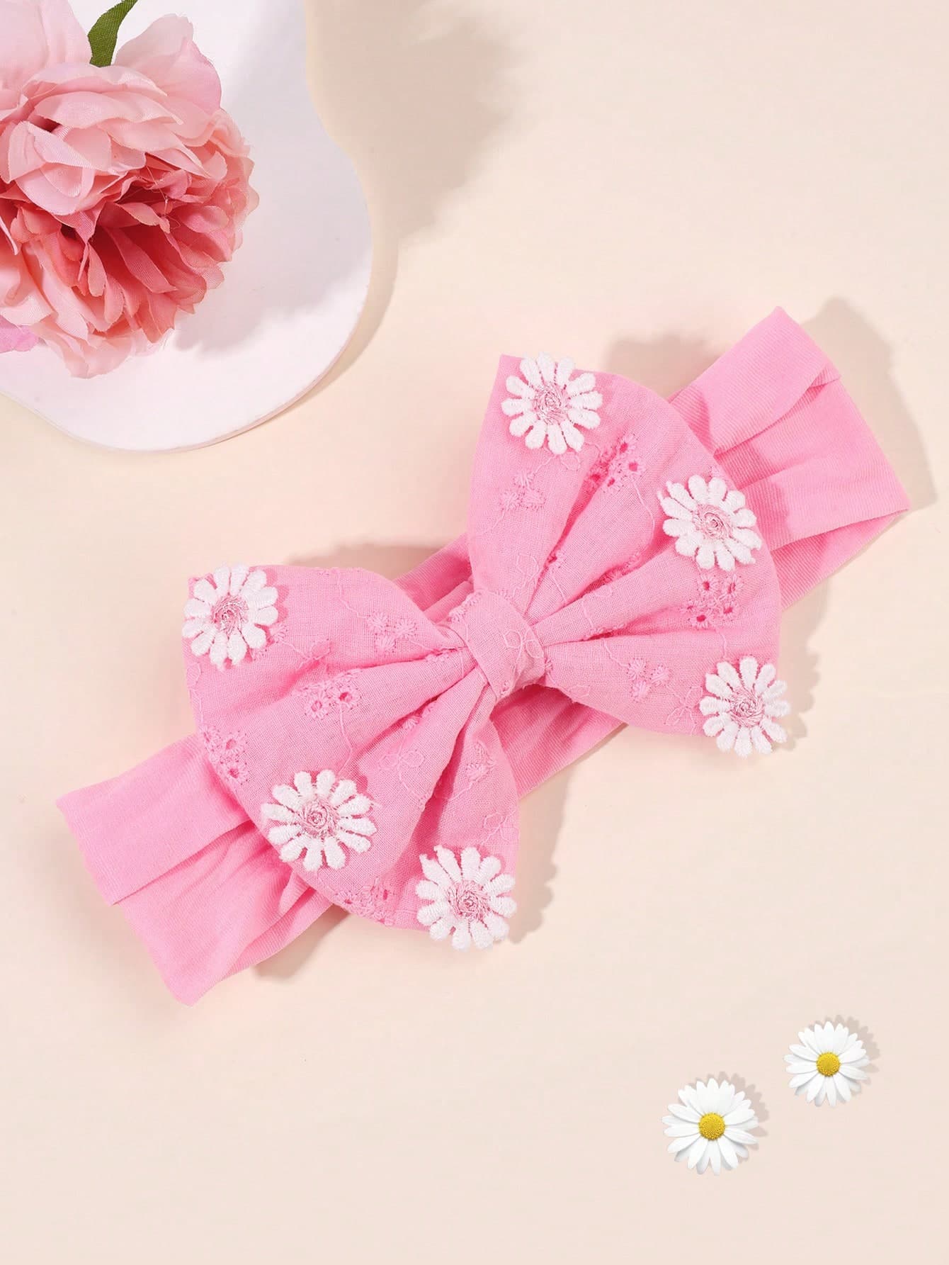 1pc Pink Daisy Bow Headband For Baby Cute Bow Elastic Hairband For Infant Toddler Newborn Soft Fabric Bow Hair Band Daisy Flower Stretchy Head Wrap Kids Baby Hair Accessories
