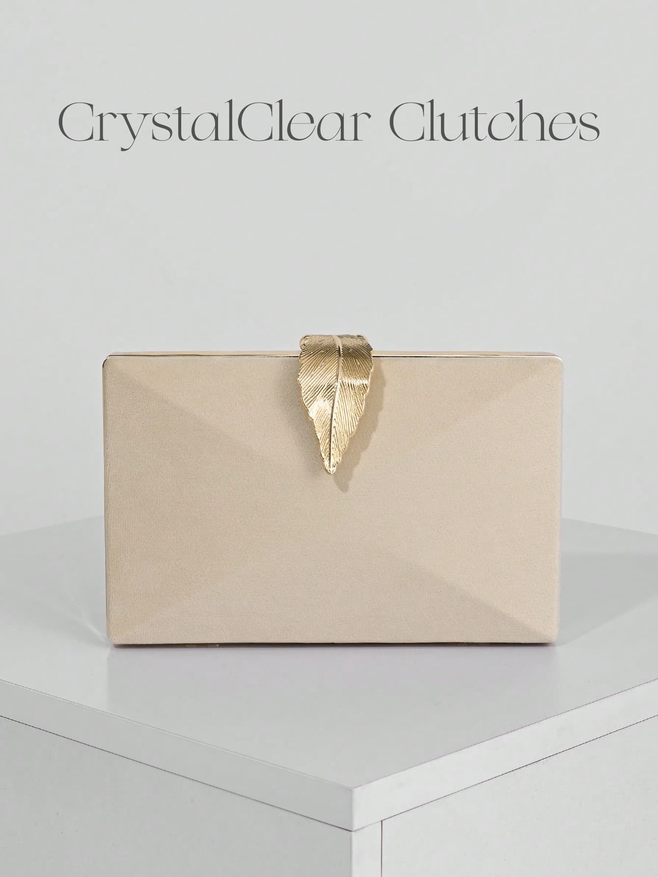 Women's Fashion Velvet Box-Shaped Evening Clutch Bag, Apricot Color Formal Handbag With Leaf Metal Buckle Decor, Suitable For Party, Wedding, Formal Dress, Prom Bag For Party