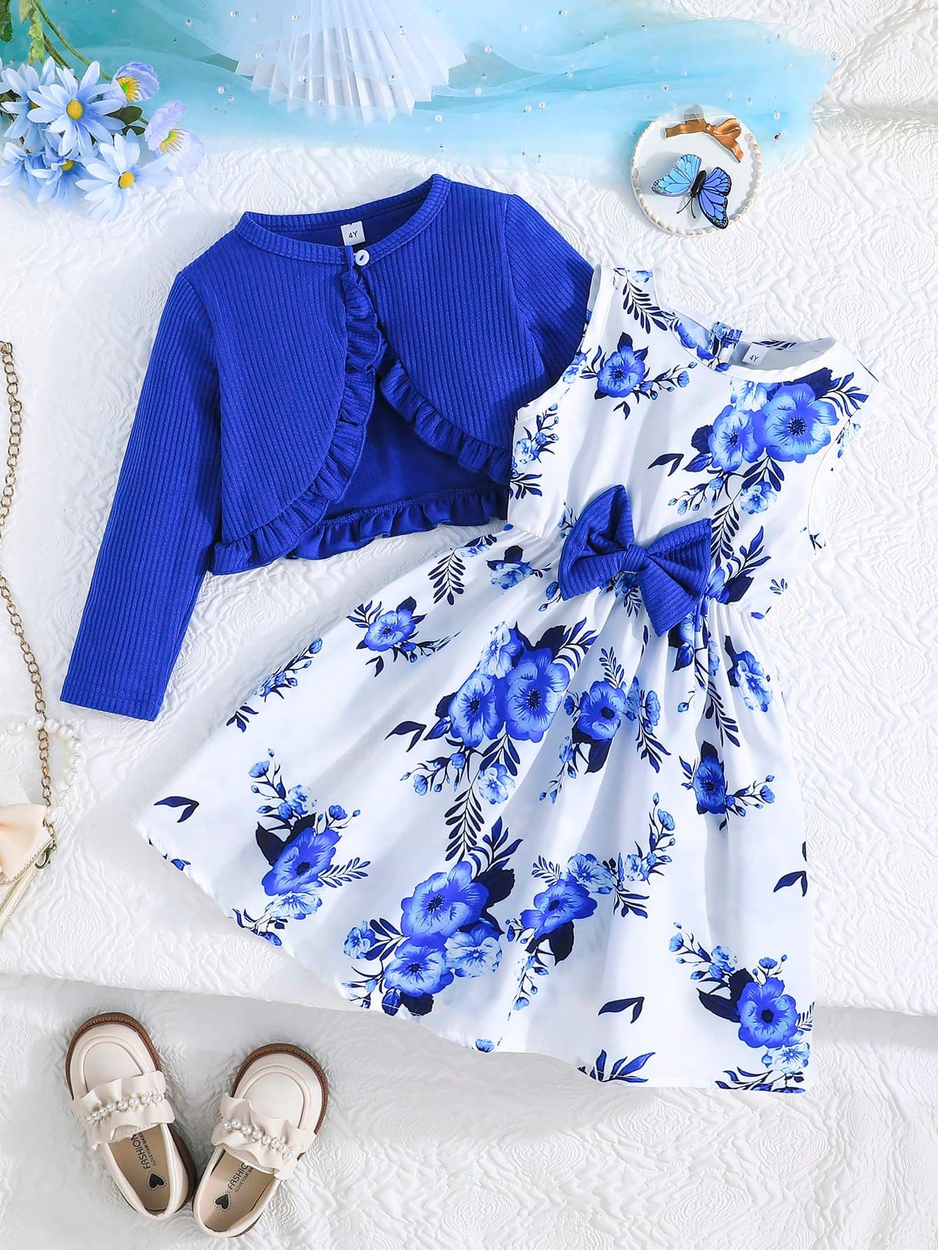 Young Girl Spring/Autumn 2pcs Set, Fashionable Ruffle Trim Jacket Sleeveless Bow & Flower Printed Dress, Elegant Outfit