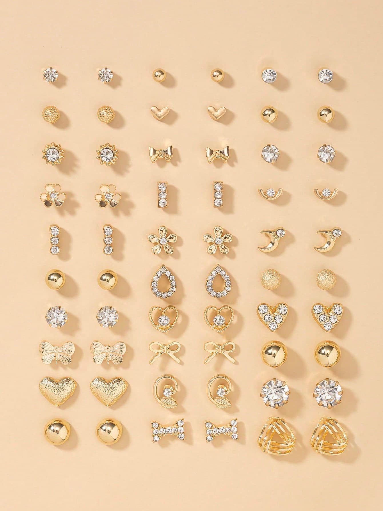 60pcs Fashion Metal Butterfly, Heart, Rhinestone, Moon, Bow Knot, Flower Stud Earrings Set, Jewelry Gift, Suitable For Women's Daily Wear