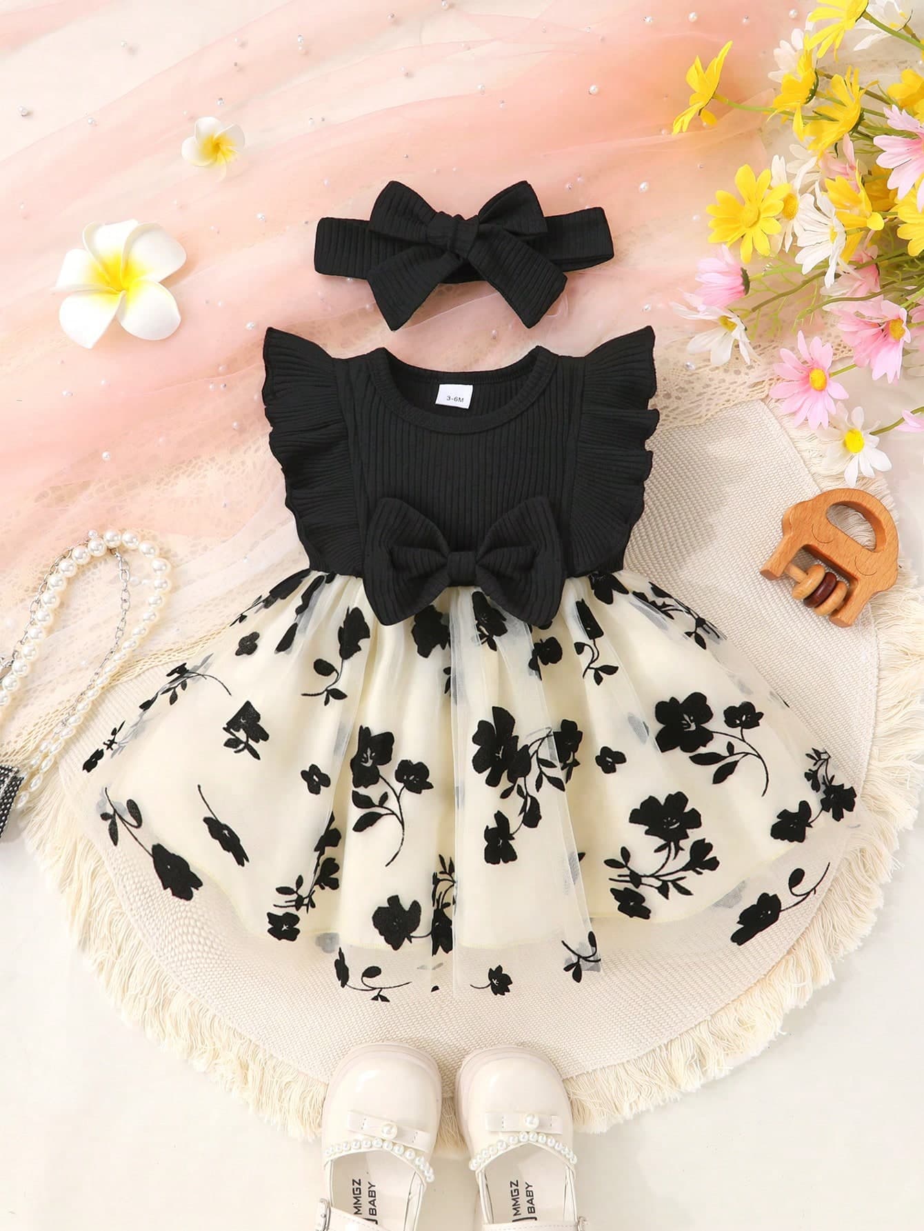 2pcs Set, Casual Elegant Sweet Cute Baby Girl Dress, Soft & Comfortable, Bow Decor Ruffle Hem Floral Embroidery Mesh Princess Dress & Headband Set, Baby Girl Clothing, Baby Girl Outfit, Suitable For Daily Wear, Vacation, Party, Photography