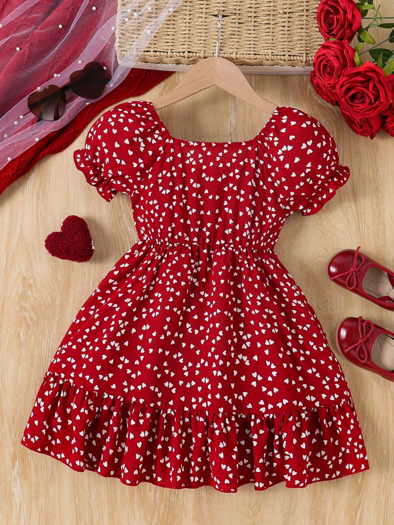 Young Girls' Valentine's Day Heart Print Square Neck Puff Sleeve Fishtail Dress
