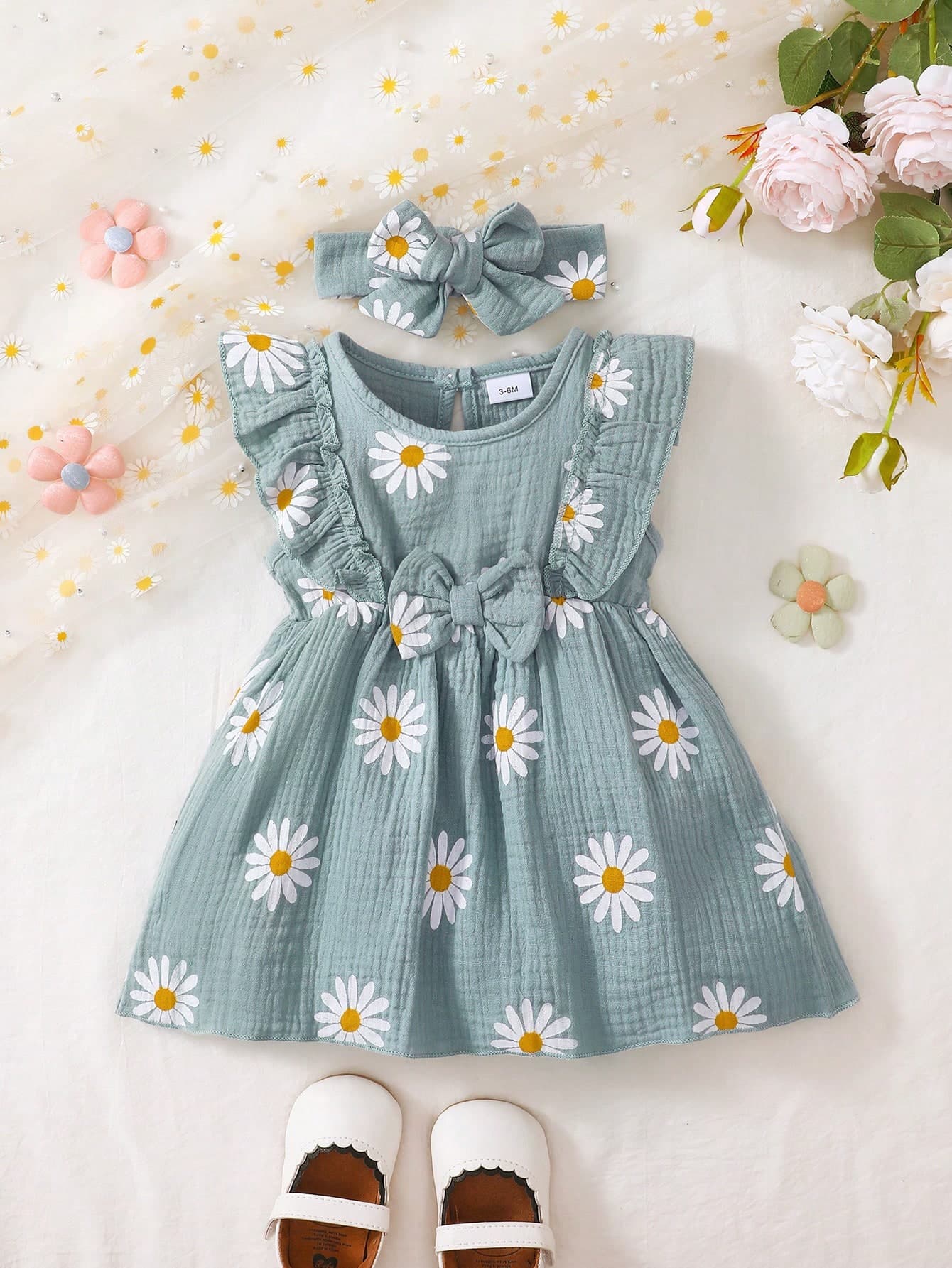 Baby Girls' Summer Dress, Cute Daisy Flower Print Pleated Sleeveless Dress + Headband