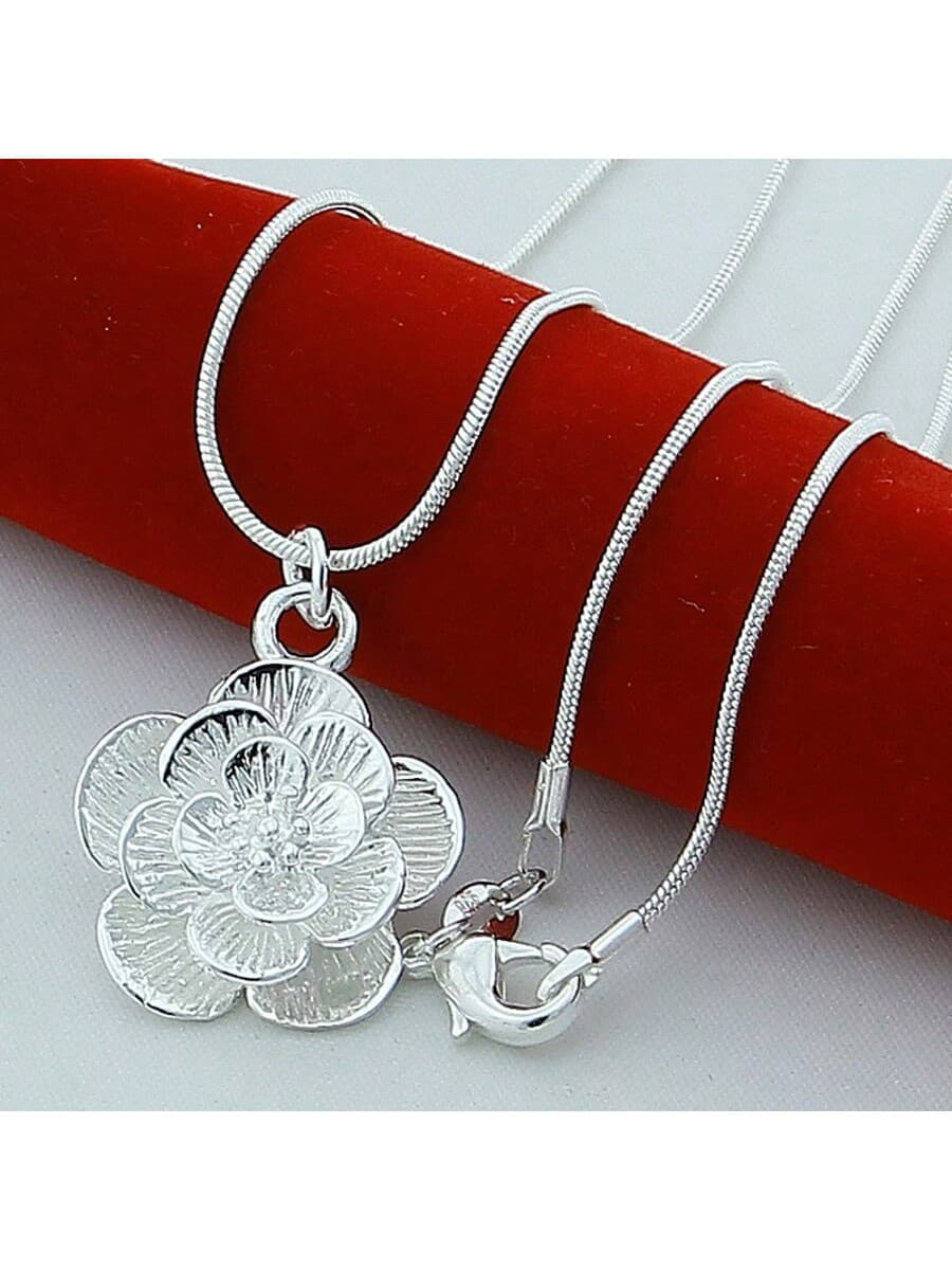 Silver-Plated Rose Flower Pendant Necklace, 18/20-24/26/30 Inch Snake Chain, Women's Wedding Engagement Jewelry