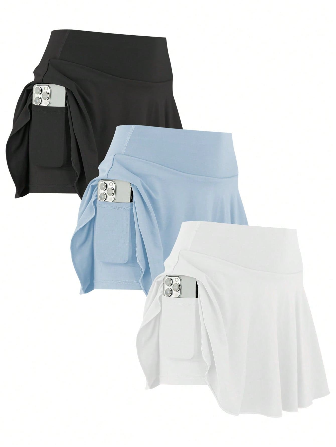 3pcs/Set Women Sports Skirt, Casual High Waist Workout Leggings, Running Shorts With Pockets Faux 2 Pieces Design Summer