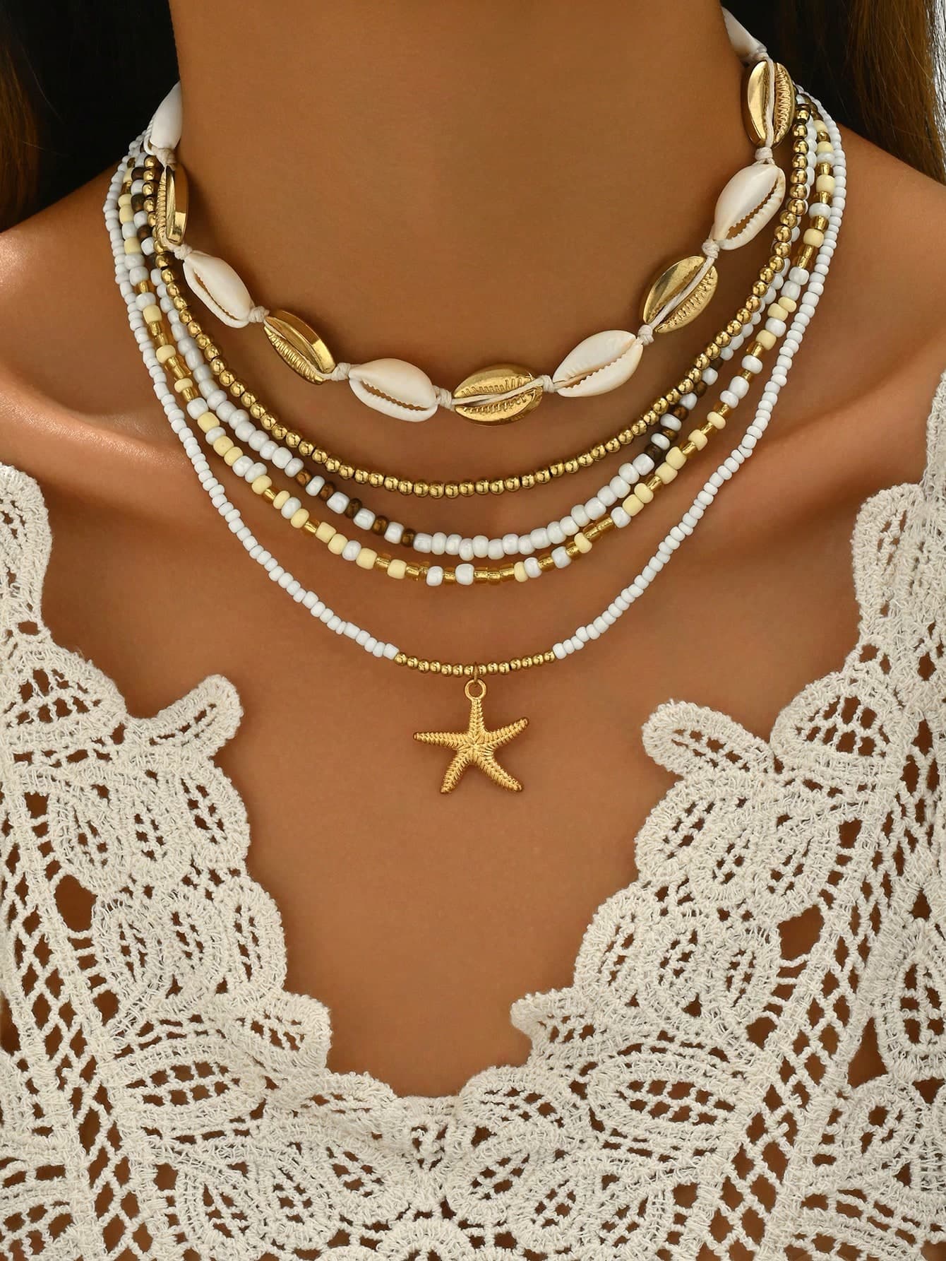5pcs/Set Bohemian Style Random Color Beaded Starfish Pendant Necklace Set, Suitable For Beach, Vacation, Party