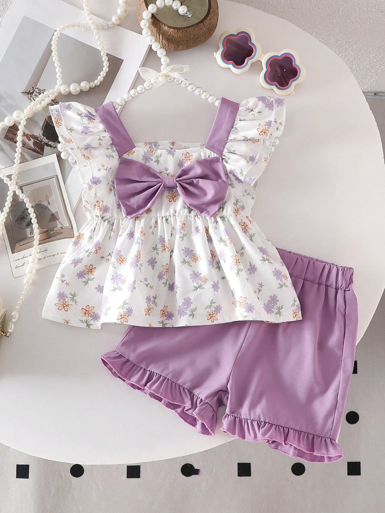 2pcs Baby Girls Sweet Bowknot Letter Print Top And Ruffled Shorts Set, Cute & Elegant Street Style