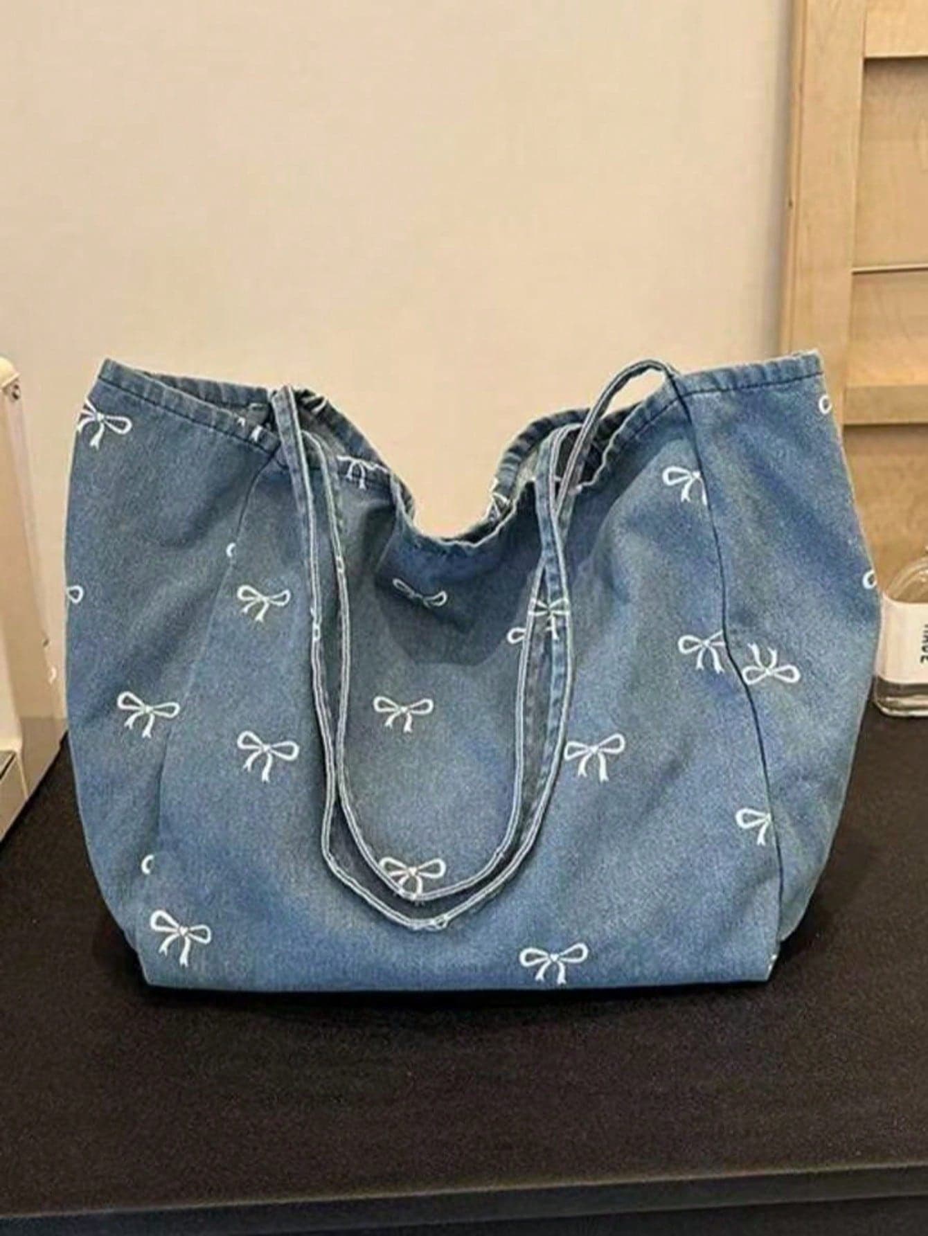New Korean Style Casual Fashion Versatile Blue Eye-Catching Bowknot Washed Canvas Tote Bag, Suitable For Commuting, Travel, Shopping, Student Back To School And Other Occasions, Large Capacity Sweet Women's Handbag, Fashion Bowknot Women's Wallet, Student Essential Tote Bag, College Life Essential