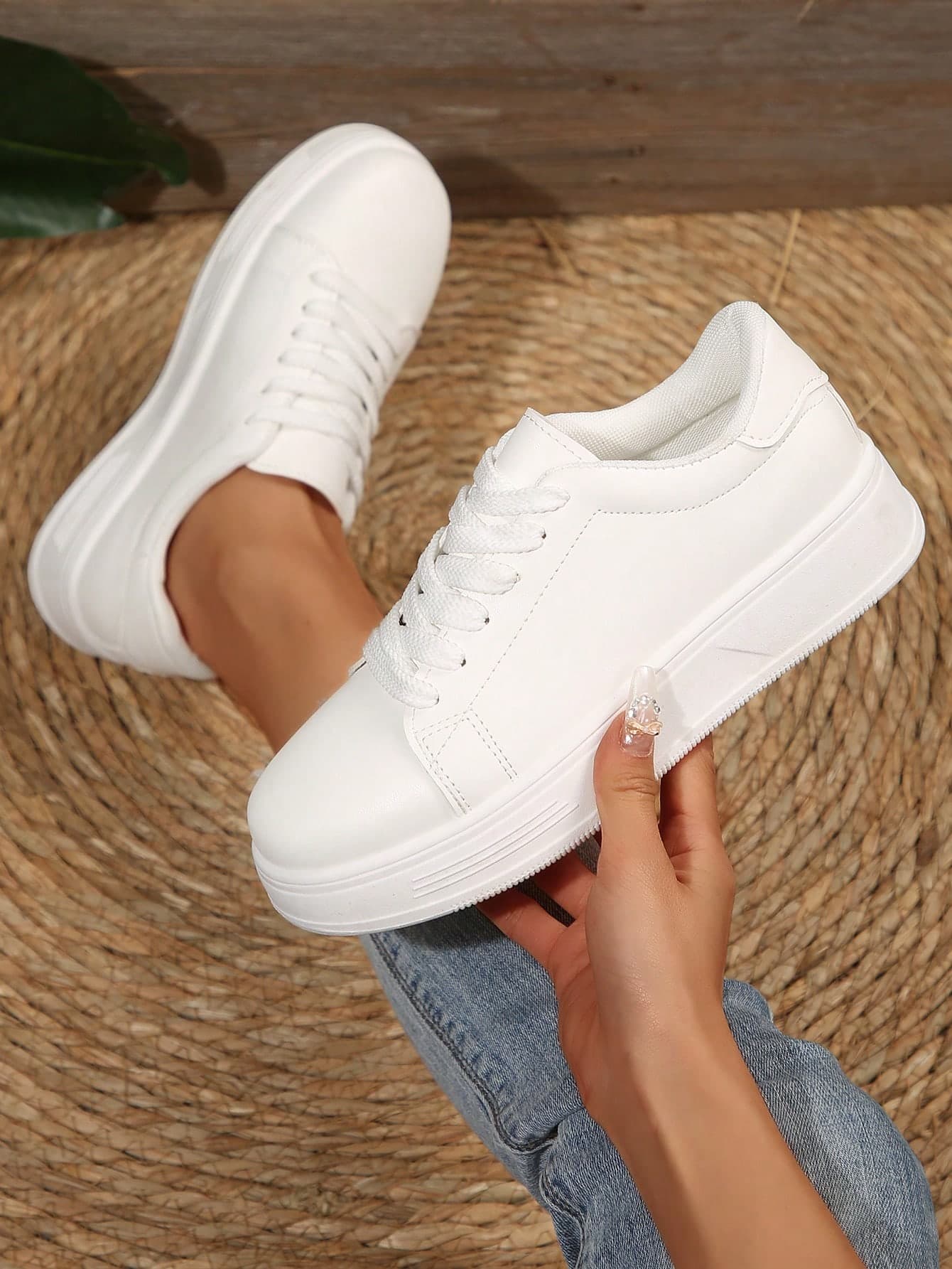 2025 Women's New Fashion Casual Sports White Thick Sole Sneakers, PU Synthetic Leather Upper, Suitable For Students Daily Wear