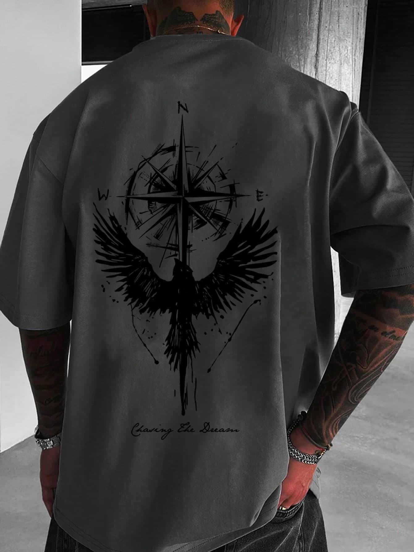 Men's Summer T-Shirt, Compass Eagle Spreading Wings Pattern Outdoor Print Crew Neck Short Sleeve, Casual Lightweight Breathable Comfortable Top, Suitable For Outdoor, Gift For Friends