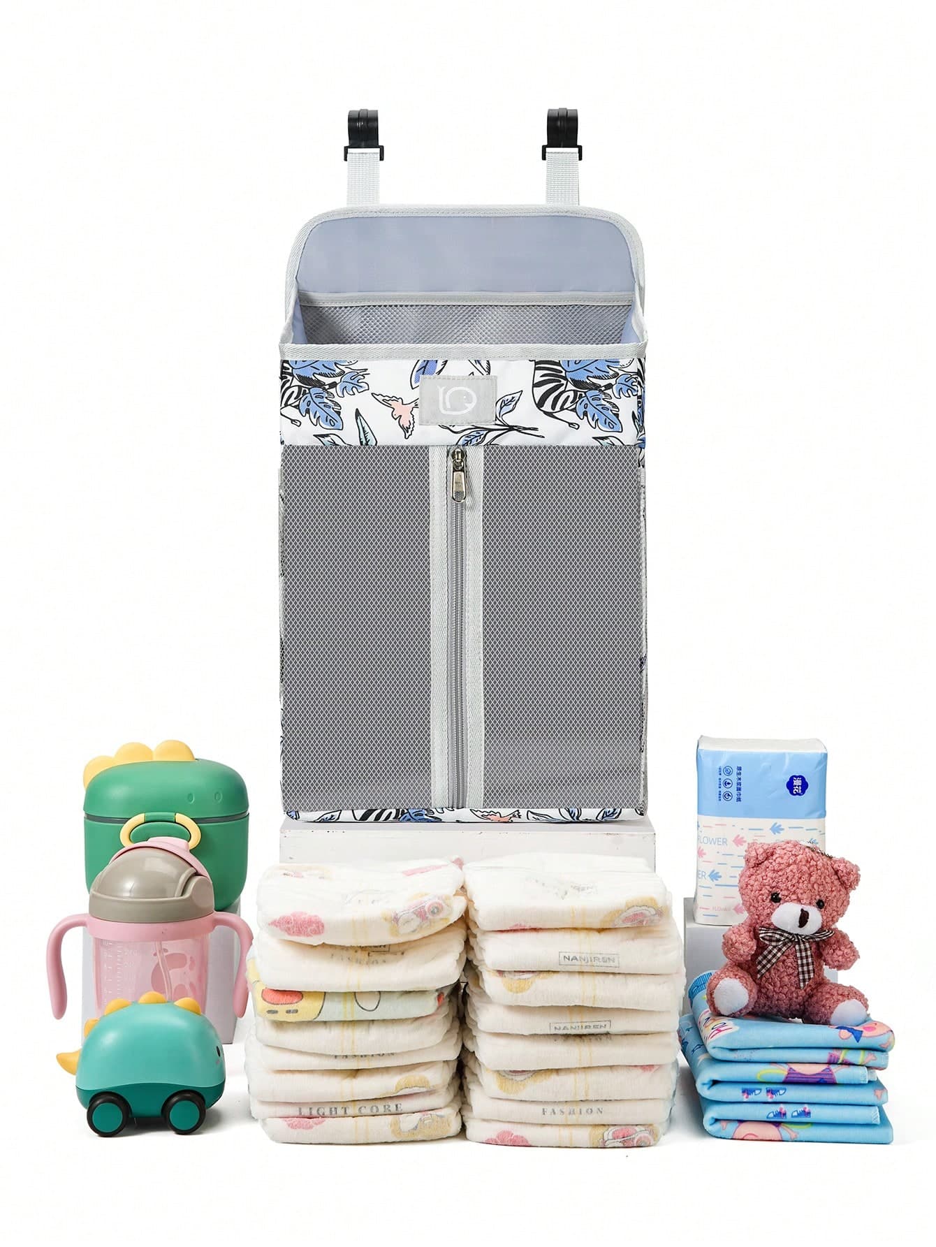 Large Capacity Diaper Caddy Organizer, Fashionable Floral Print Oxford Cloth Mama Bag, Hanging Diaper Storage Bag For Baby Crib Bedside