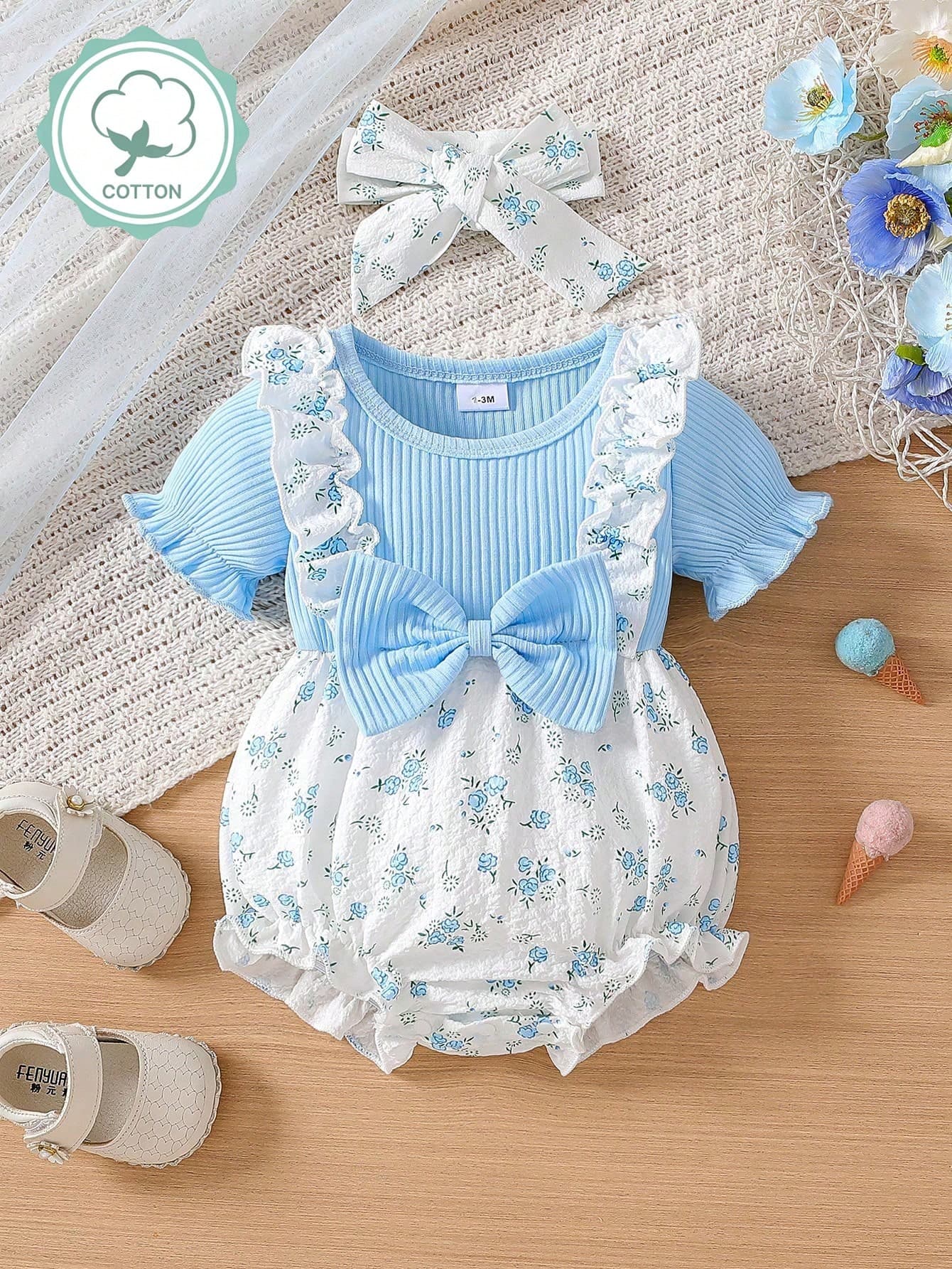 Baby Girls' Cute Fresh Ditsy Floral Round Neck Ruffle Hem Textured Fabric Bodysuit With Headband, Summer