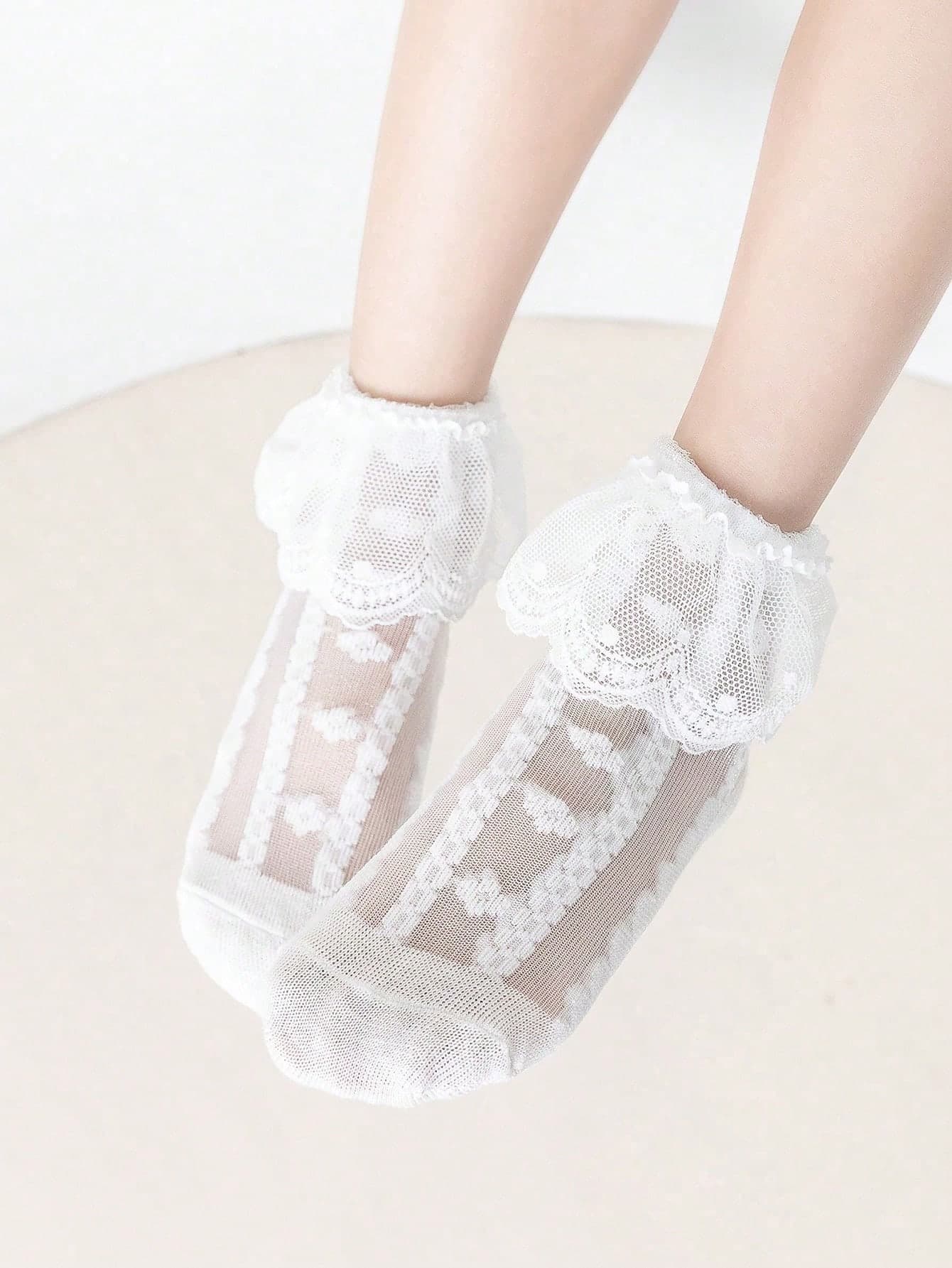 1 Pair Kid's Lace Trim Sheer Mid-Calf Socks