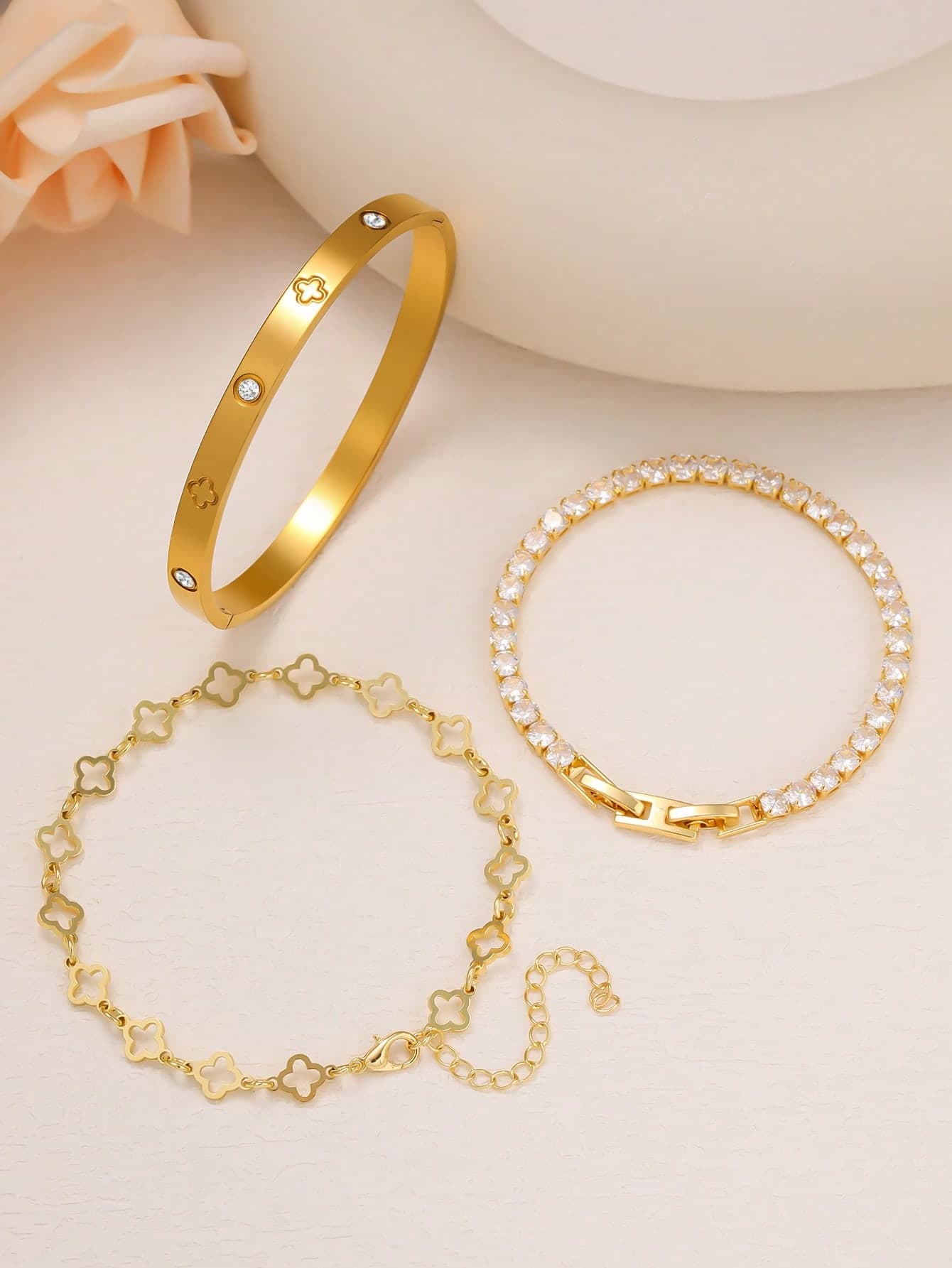 Shiny Elegant Luxury Fashion 4-Leaf Clover Shaped Zirconia Stainless Steel Bracelet & Bangle Set For Women, Suitable For Daily Wear And As Gifts