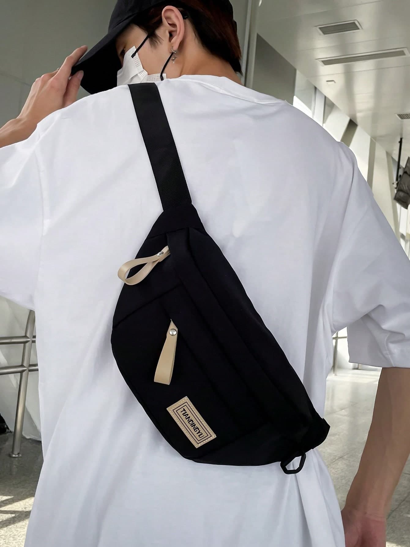 1pc Fashion Minimalist Solid Color Letter Print Adjustable Strap Zipper Closure Chest Bag/Waist Bag, Casual Daily, Sporty, Travel, Street Style, Lightweight, Water-Resistant, Multi-Compartment Nylon Peach Tree, For Men Pouch Phone Bag, Thigh Bag, Camping, Easter, Camping, Hiking Bag