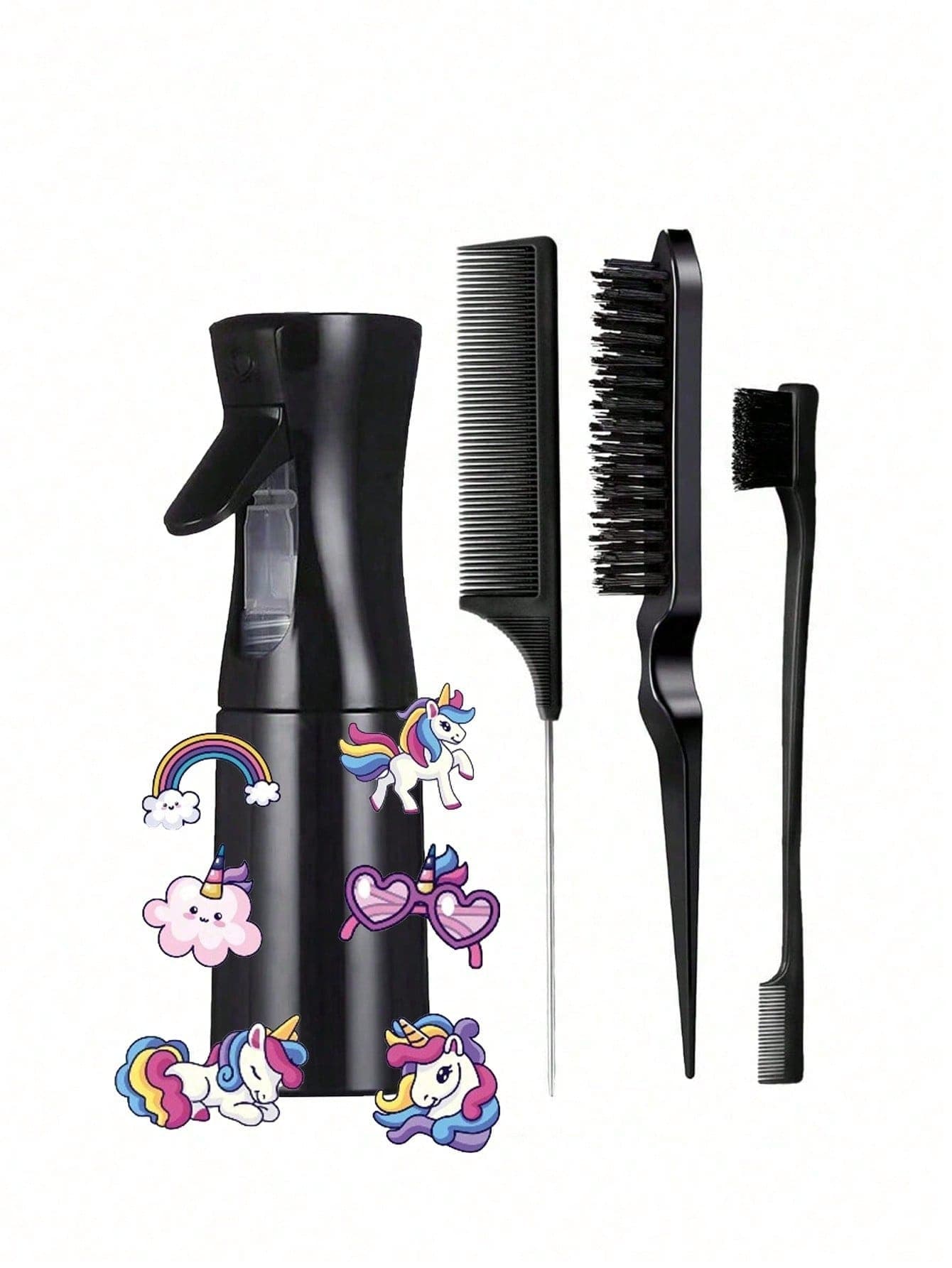 1/3/4/5/6/7pcs Hair Styling Tool Set, Hair Spray Bottle, Rat Tail Comb, Edge Brush And Cute Stickers - Perfect Gift For Girls