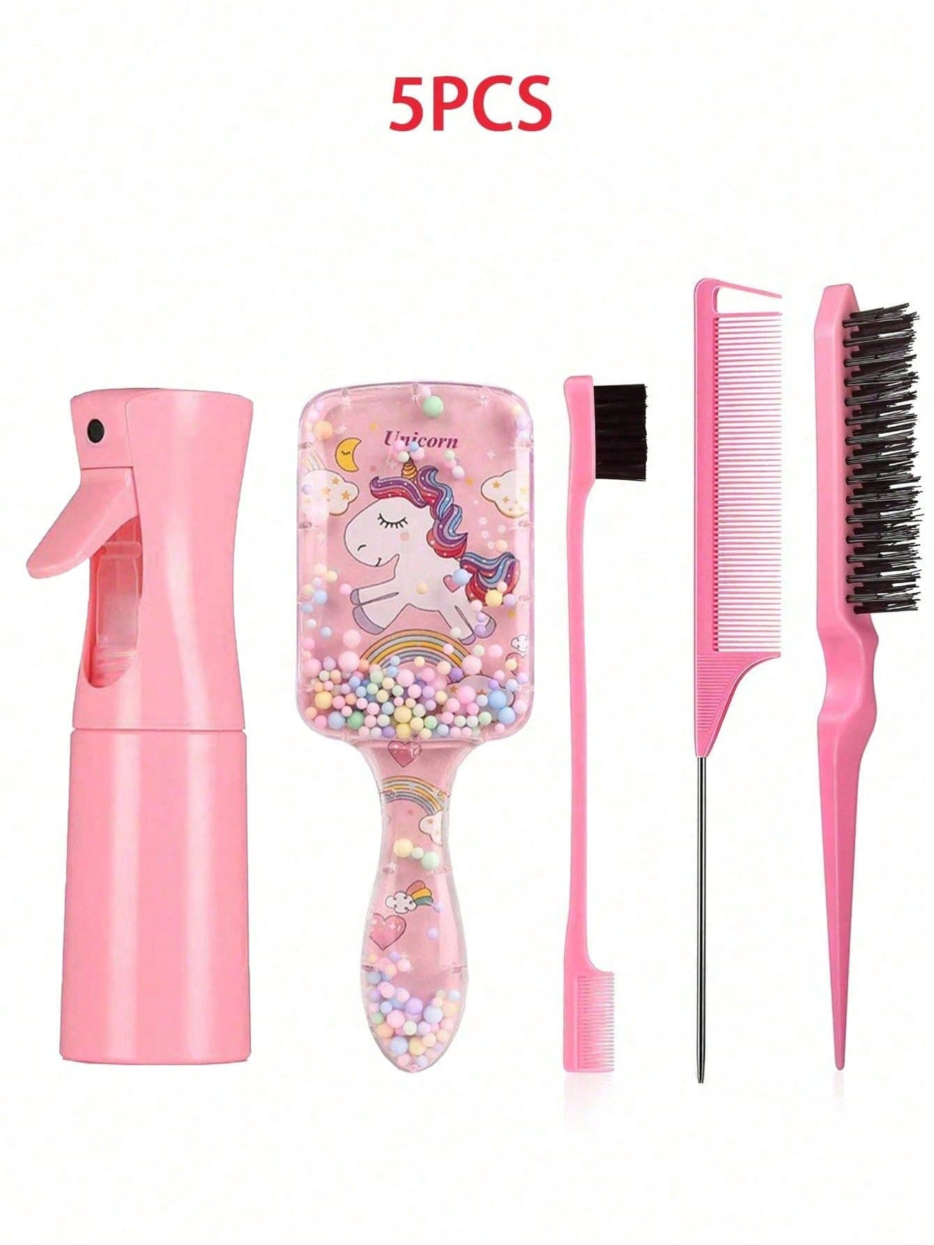 5pcs Tangle Hair Brush Set, (6.8 Oz/200ml) Continuous Fine Mist Spray Bottle, Unicorn Cartoon Detangling Brush Suitable For Girl Hair, Teasing Brush, Suitable For Hairstyling, Hairdresser