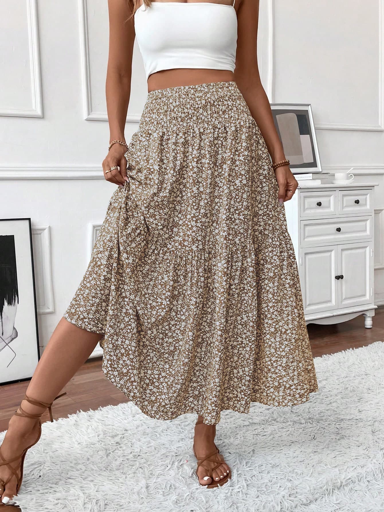 Women's Long Ditsy Floral Skirt, Casual Elastic Waist With Pockets, Ruffle Hem, A-Line Skirt For Summer Vacation Spring