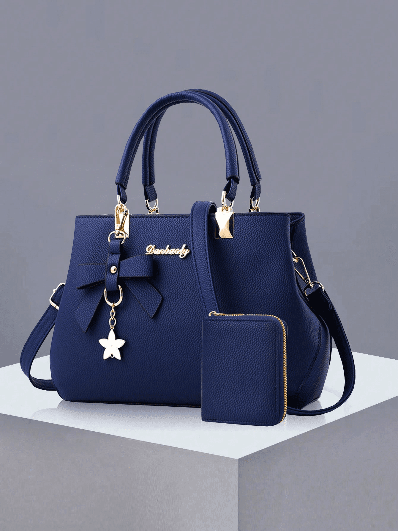 PLANEE Women's Solid Color Handbag And Card Holder 2-Piece Set, PU Material, Bow Pendant, Suitable For Daily Casual, Shopping, Business Commute