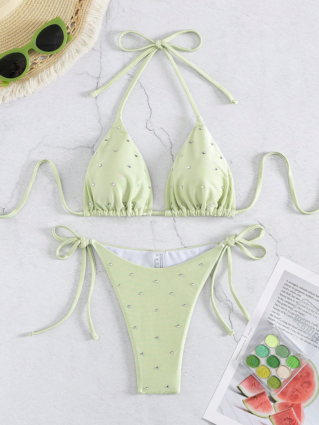 New European & American Style Women Rhinestone Embellished Bikini Swimwear Set Vacation Beach Summer