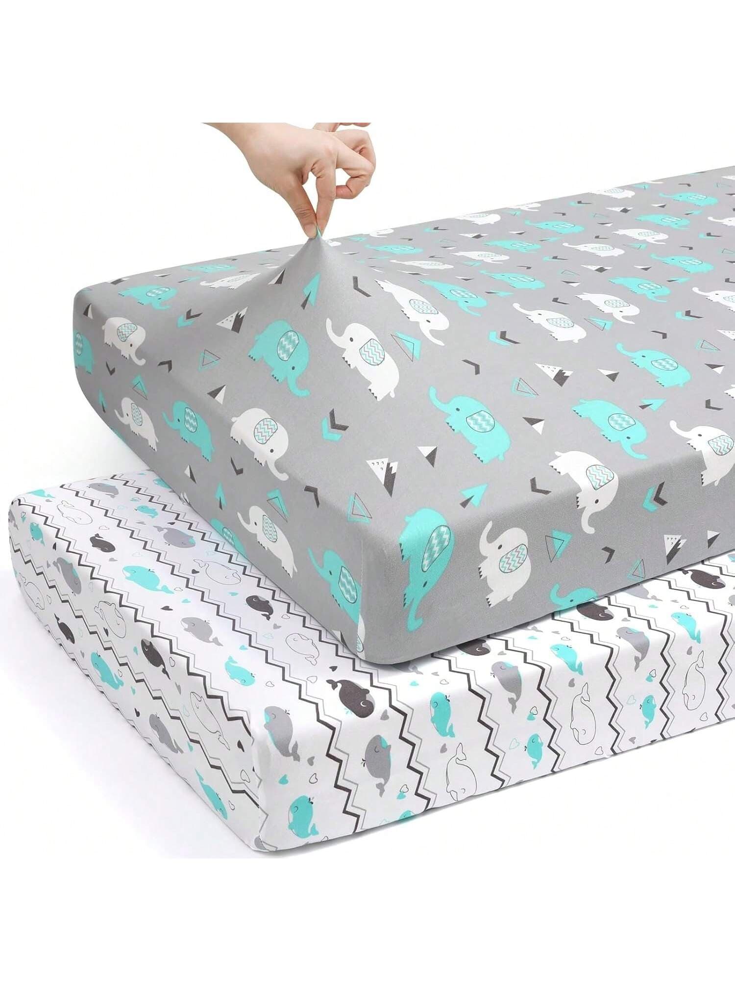2pcs Super Soft Knit Baby Crib Sheets, Stretchy Portable/Mini Crib Sheets, Unisex For Baby Boys And Girls, Fit Various Sizes Of Cribs And Playpens, Comfortable And Fashionable, Cute Animal Print