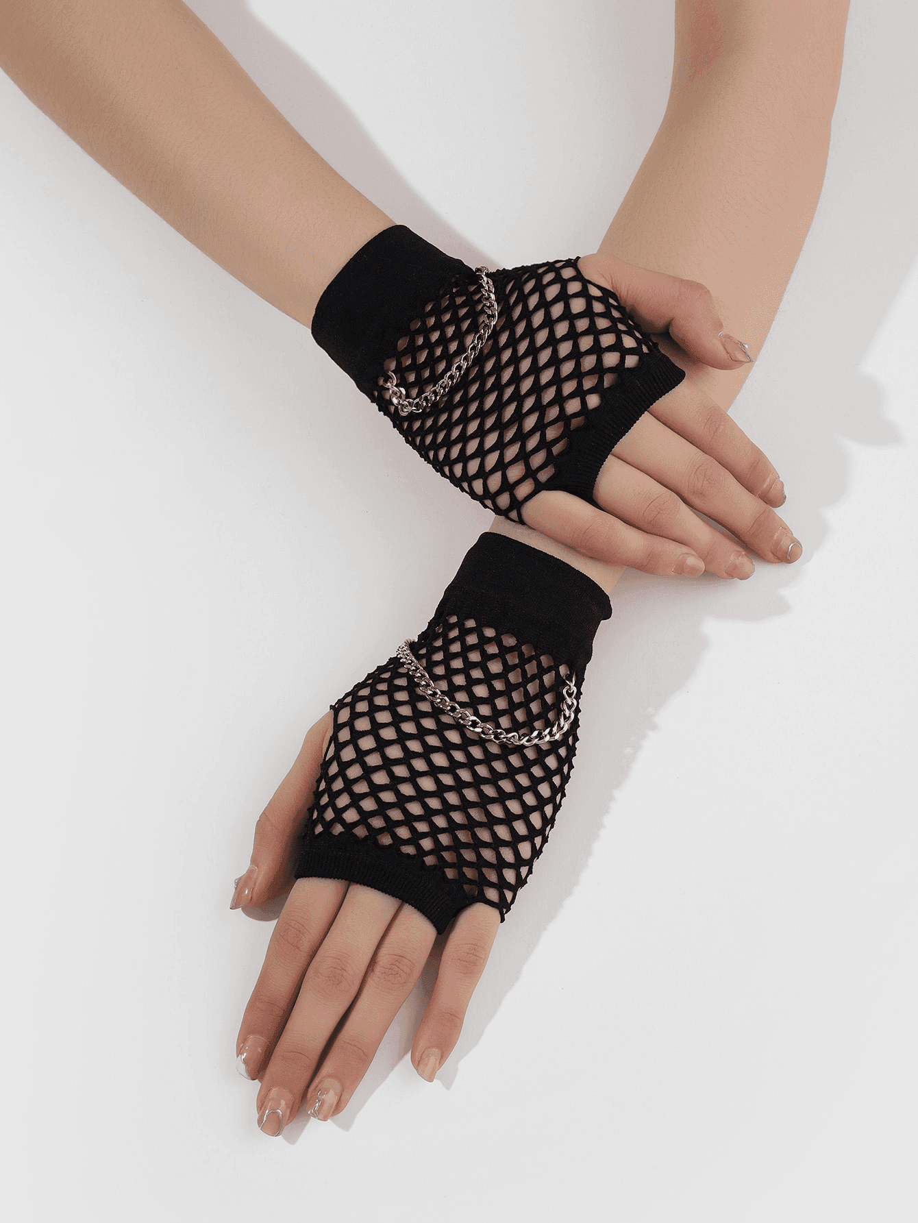 1 Pair Metal Thin Chain Fingerless Fishnet Gloves Summer