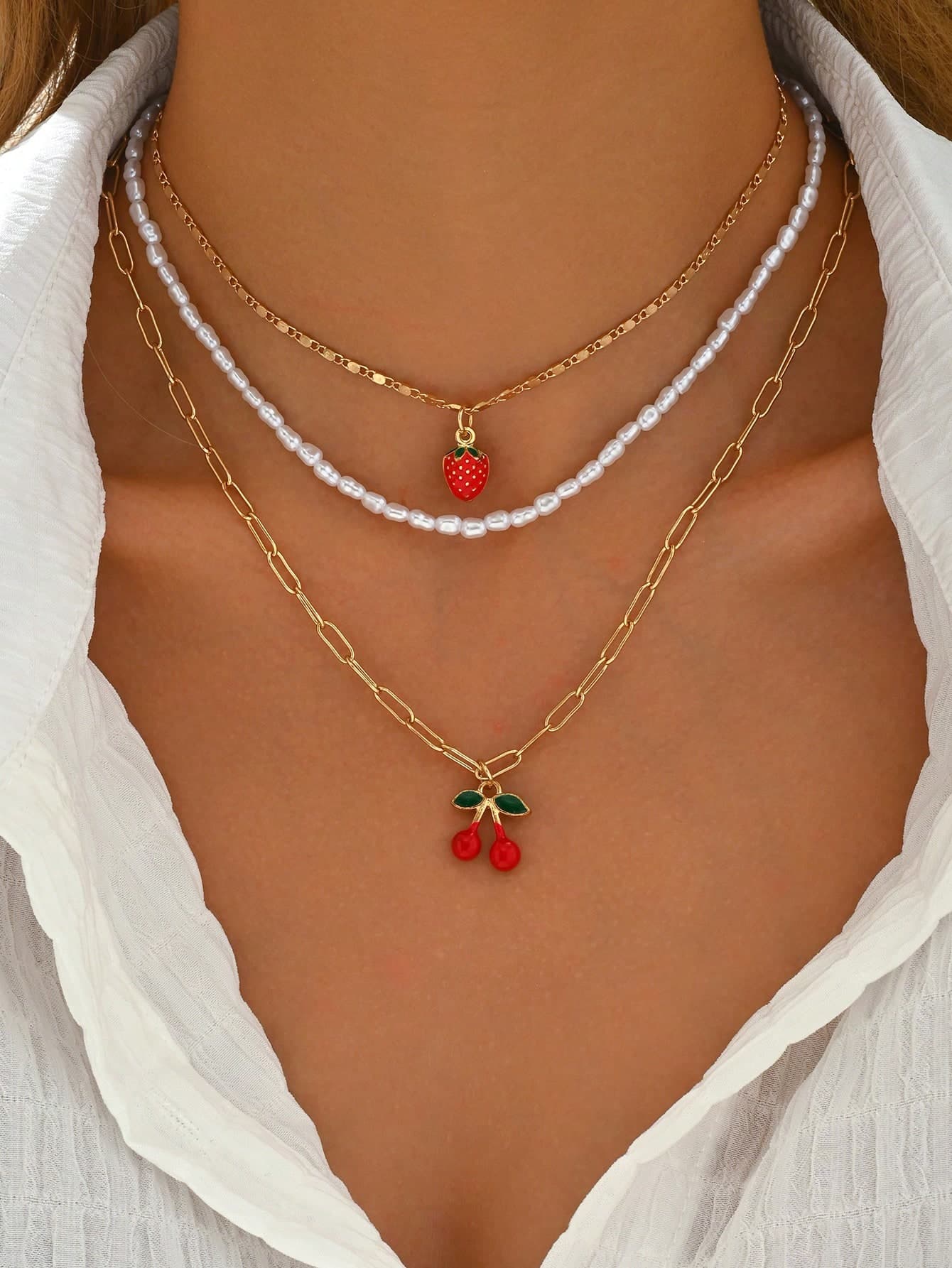 3Pcs/Set Cute Enamel Strawberry & Cherry Shaped Pendant Necklace, Handmade Beaded Multi-Layer Choker, Suitable For Daily Wear, Beach, Party, Dating, Music Festival