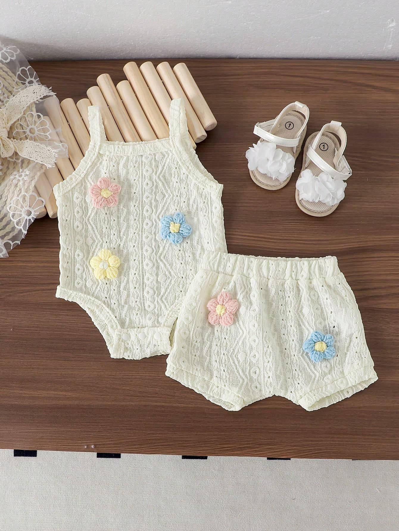 2pcs Baby Girl Cute Camisole Romper & Shorts Set, Thin Summer